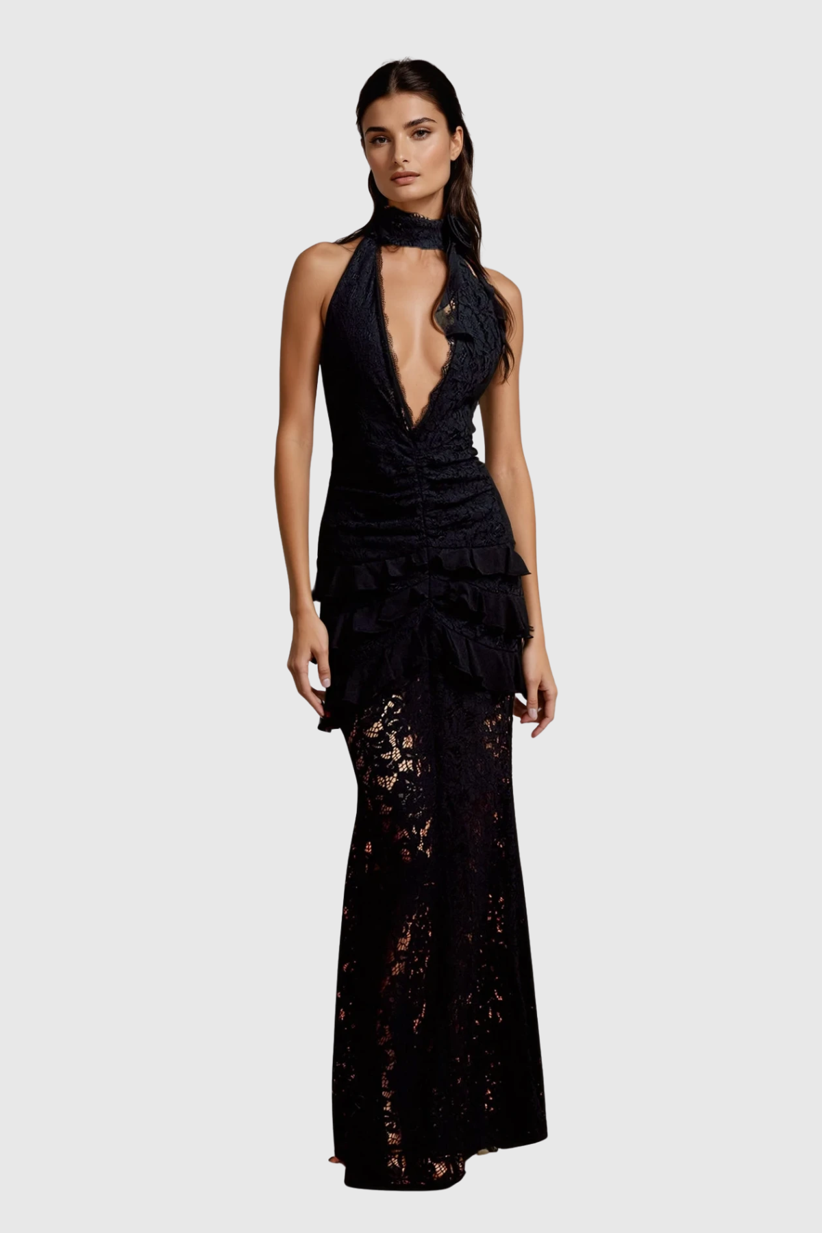 Elegant Floral Lace Maxi Dress with Plunge Neckline