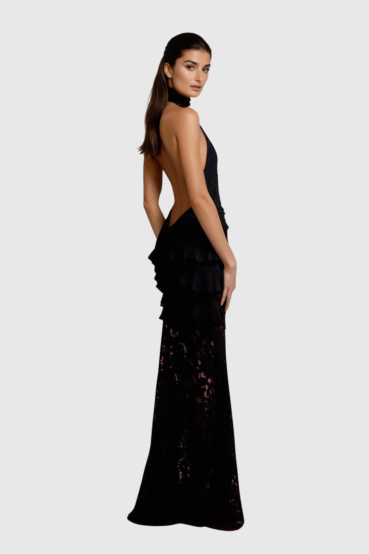 Elegant Floral Lace Maxi Dress with Plunge Neckline