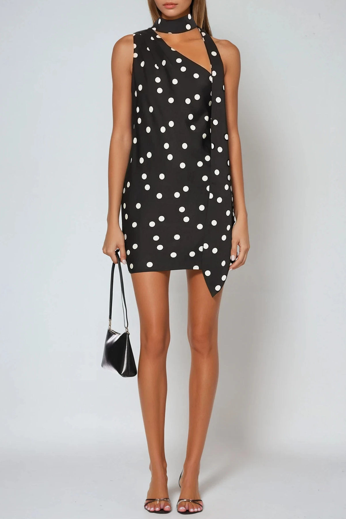 Versatile Dot Pattern Mini Dress with Scarf Detail