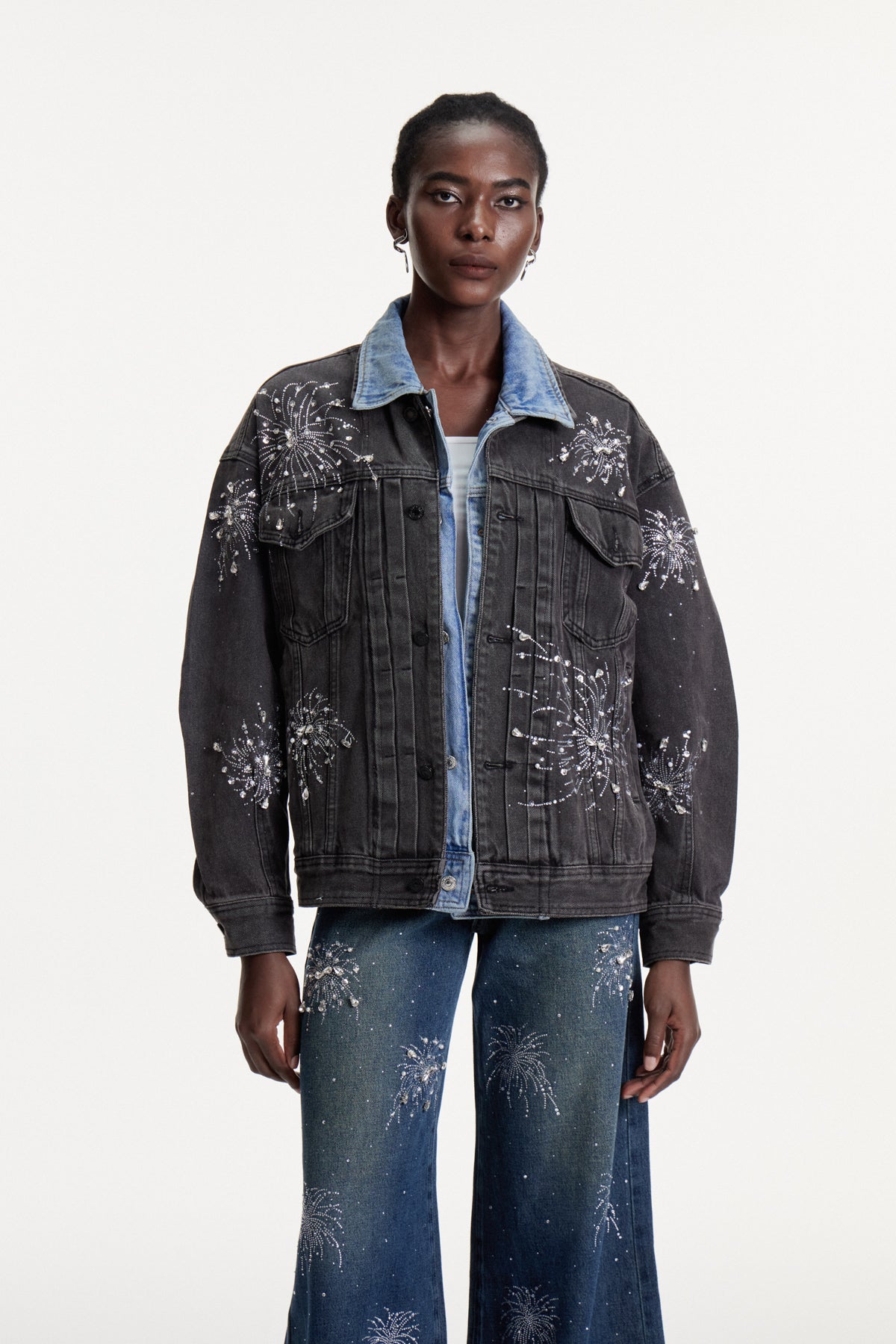 Crystal Embellished Denim Jacket - Elegant Urban Edge Style