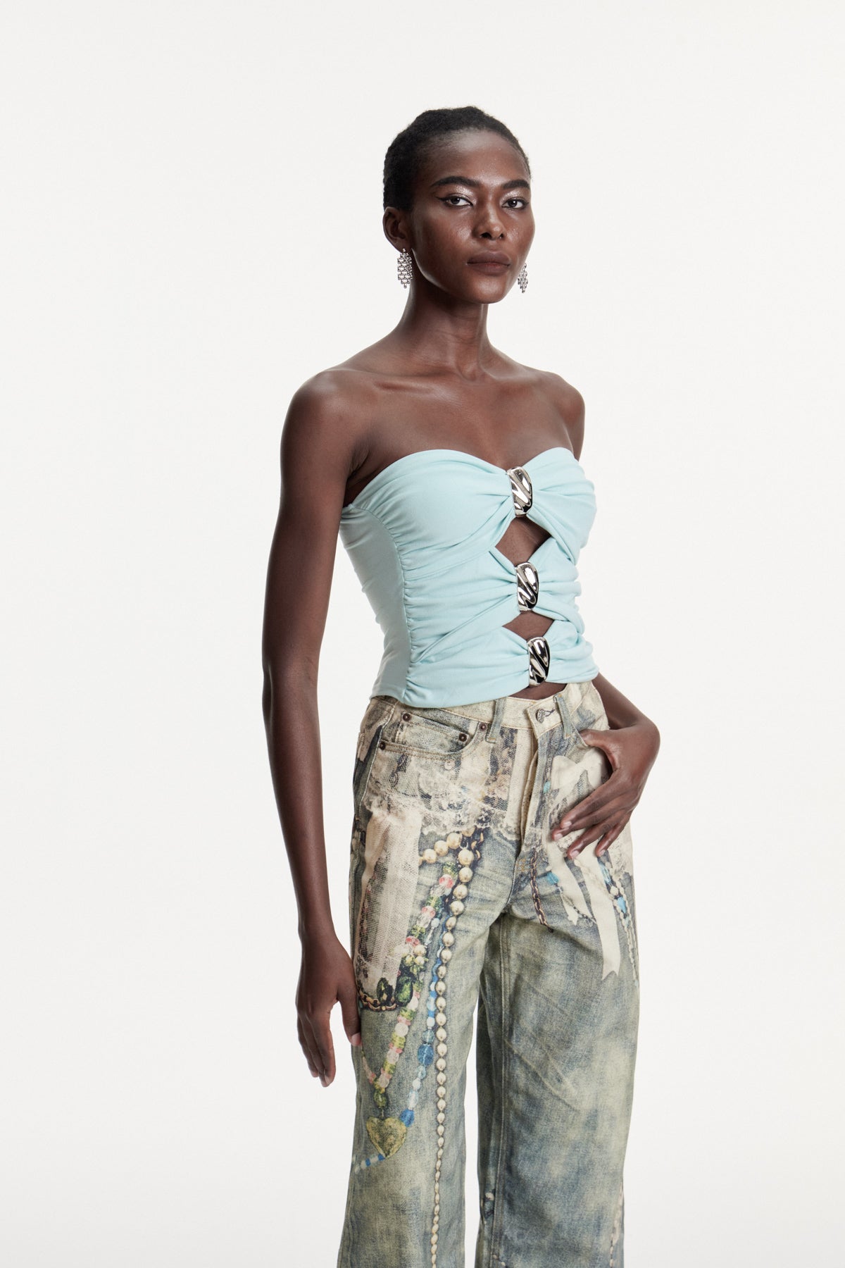 Blue Strapless Cutout Top for Modern Elegance