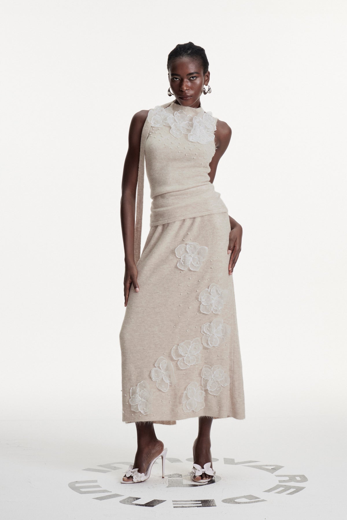 Elegant Floral Pearl Skirt Set in Apricot | Romantic Coquette Style