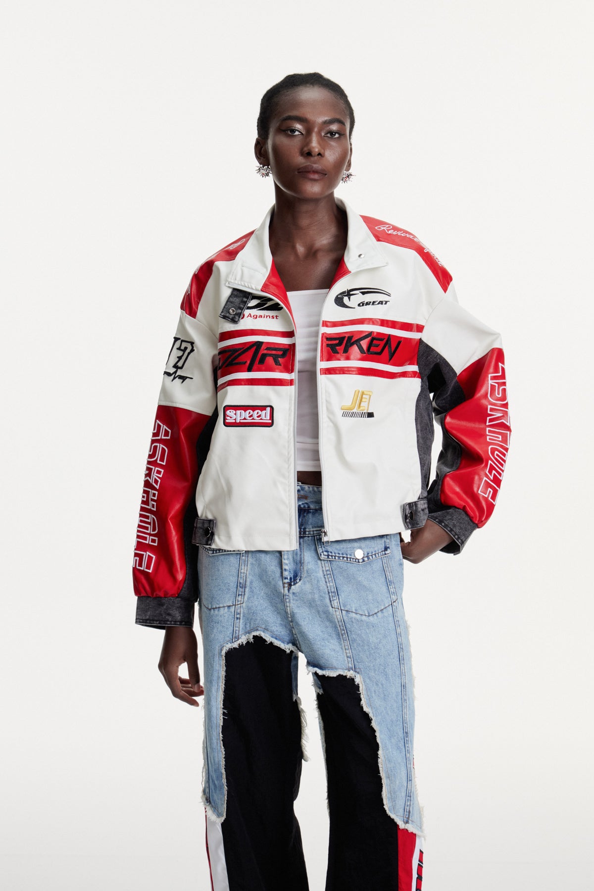 White Printed Deconstructed Jacket - Modern Artistic Design