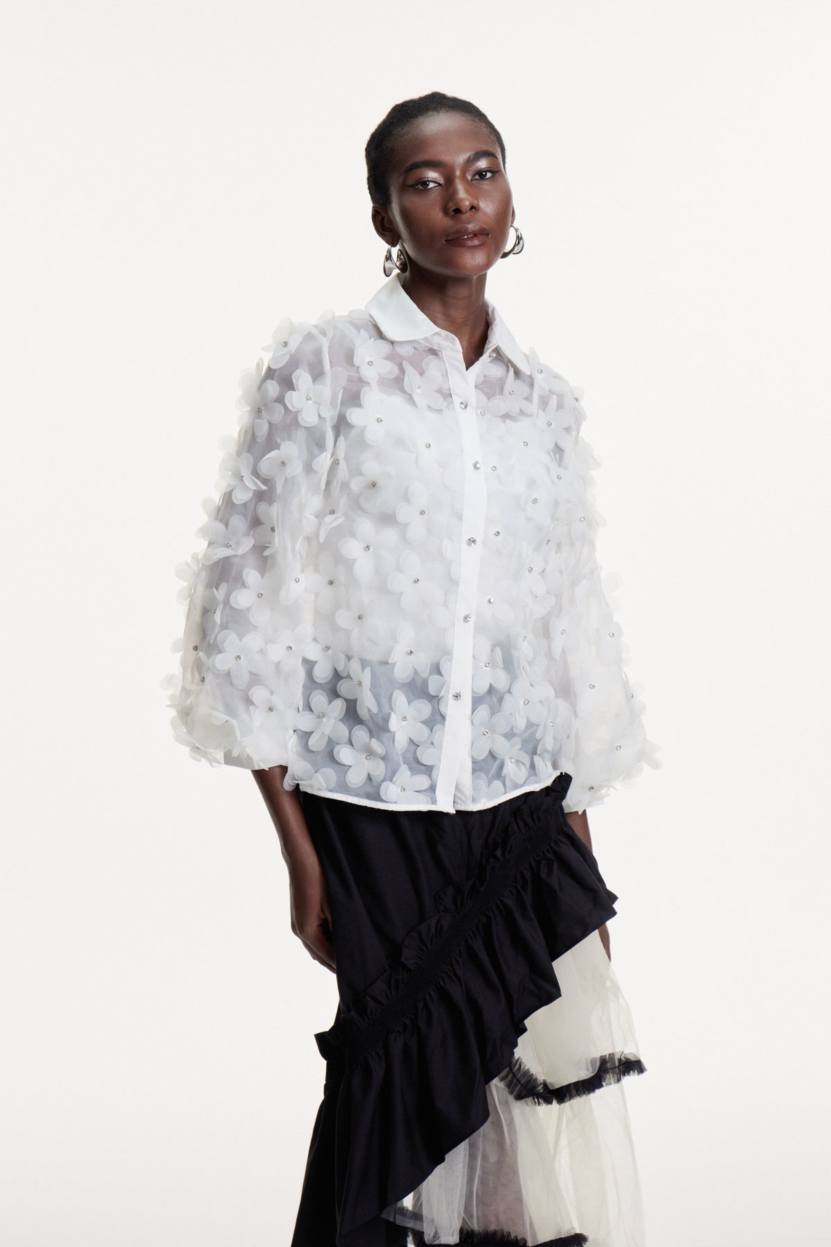 Floral Crystal White Shirt - Elegant Womens Top