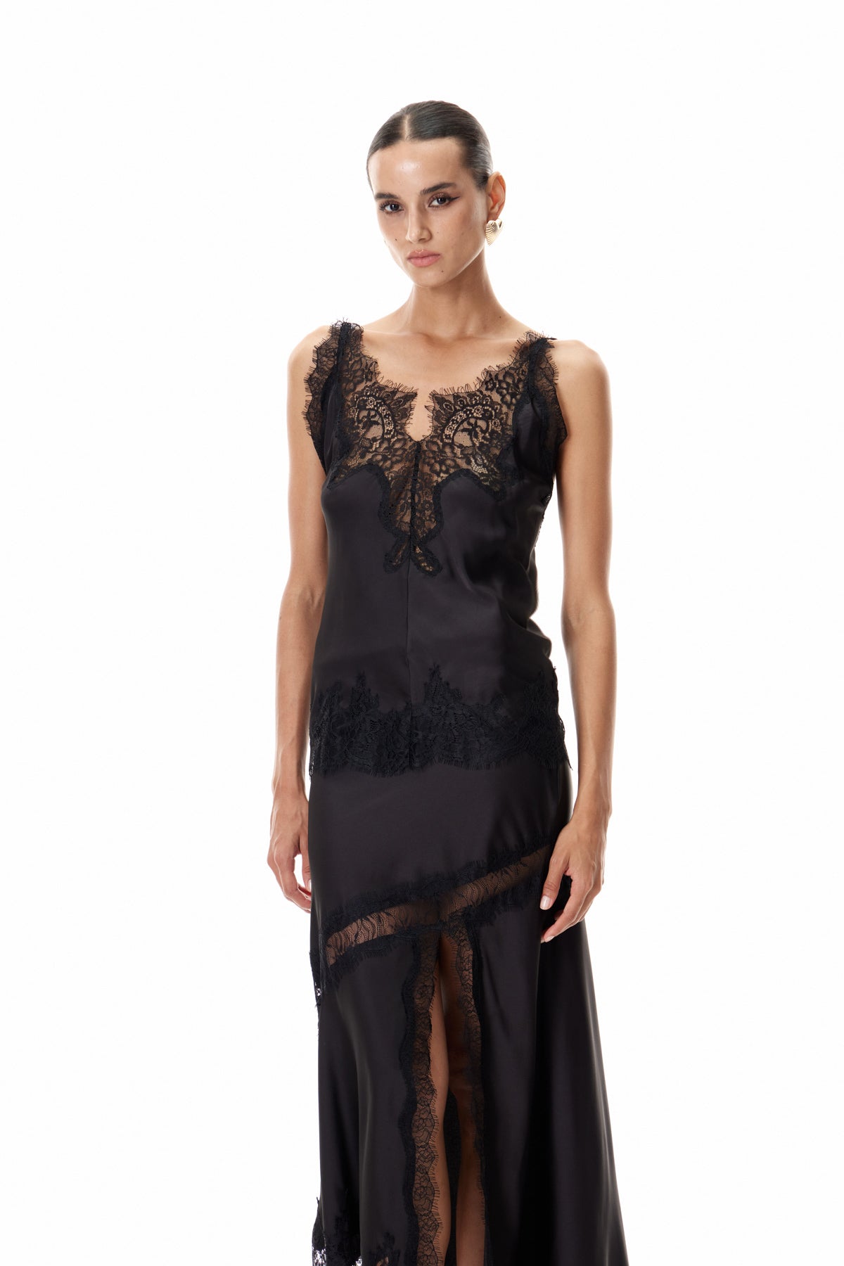 Elegant Black Lace Satin Womens Top
