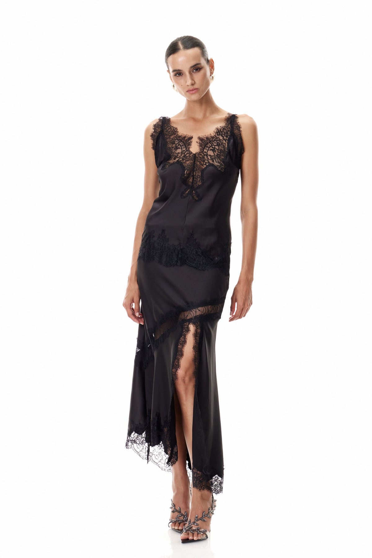 Elegant Black Lace Satin Womens Top