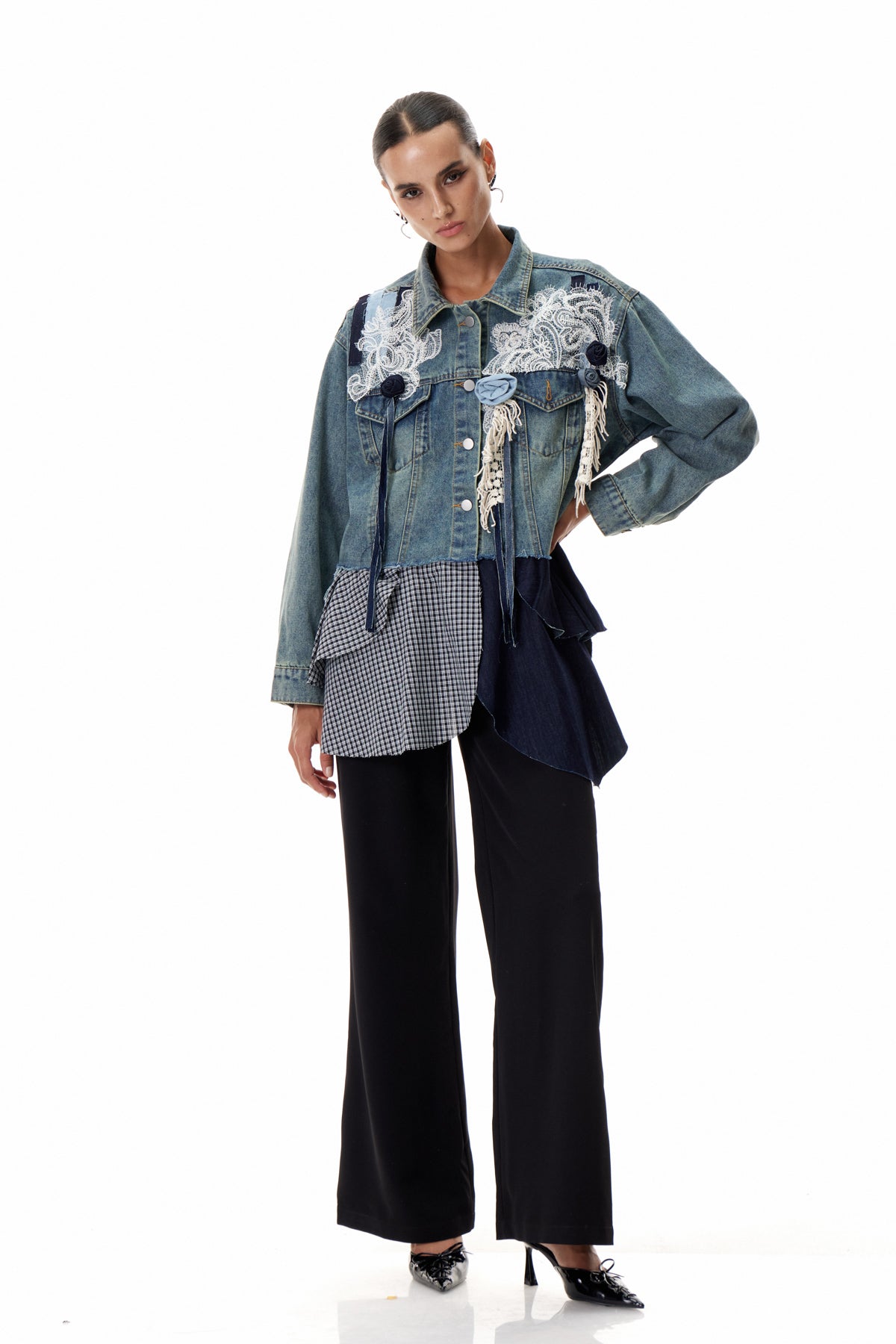 Patchwork Denim Jacket with Grid Design