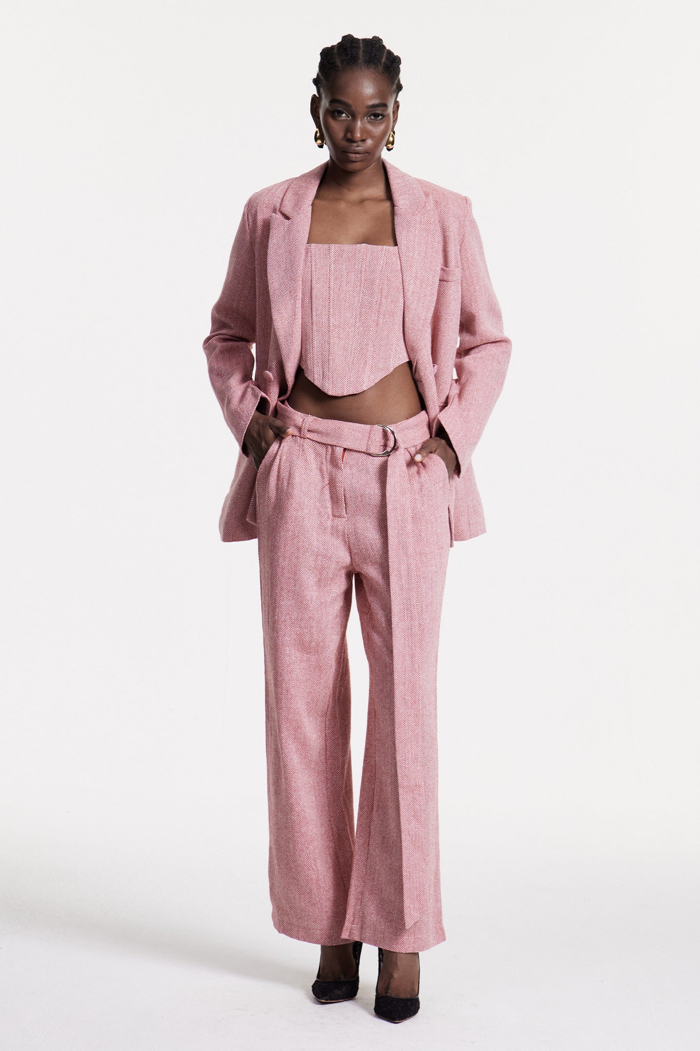 Pink Strapless Lapel Three-Piece Pants Set