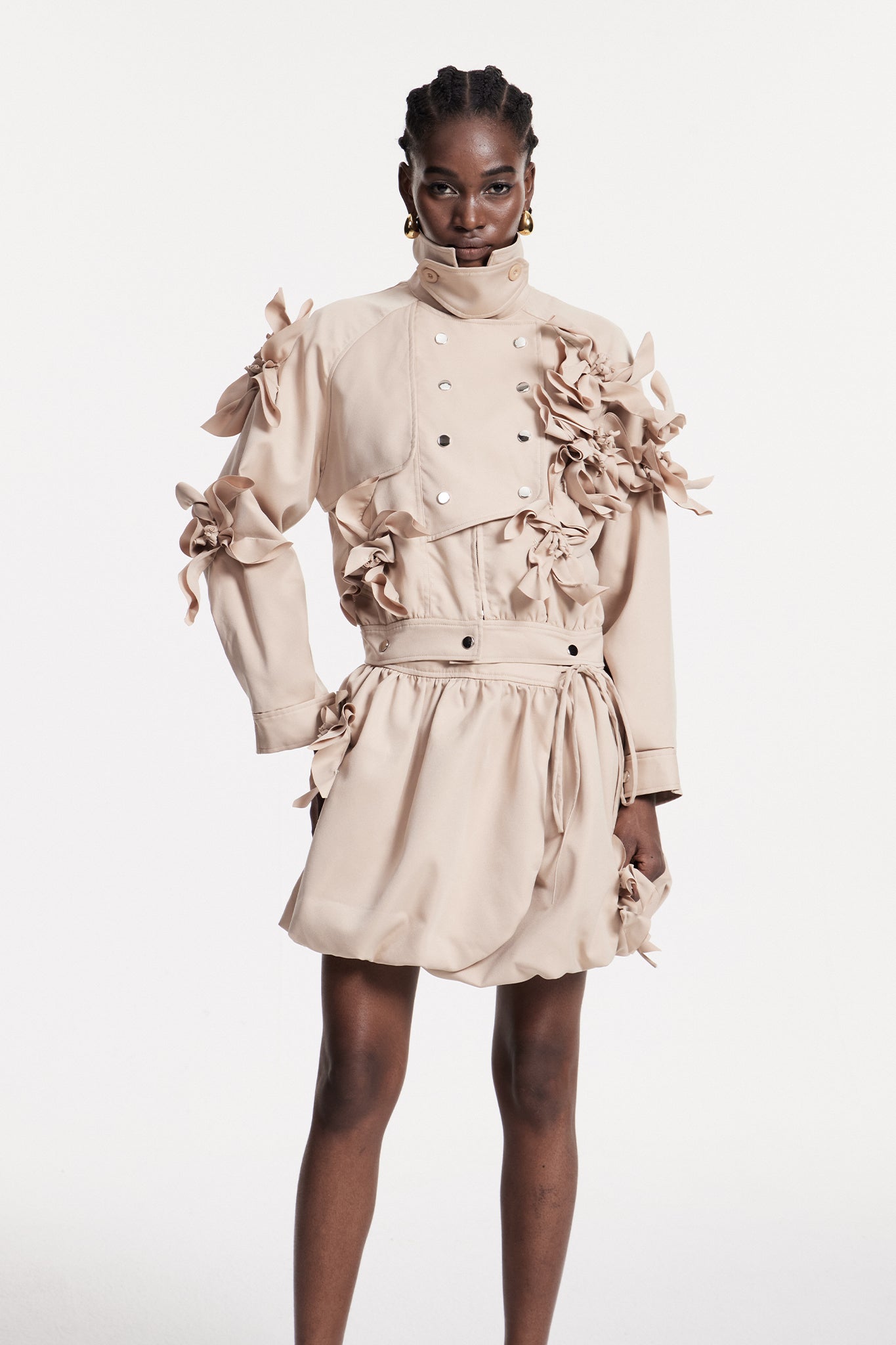 Floral Ruched Skirt Set in Beige, Chic Urban Style