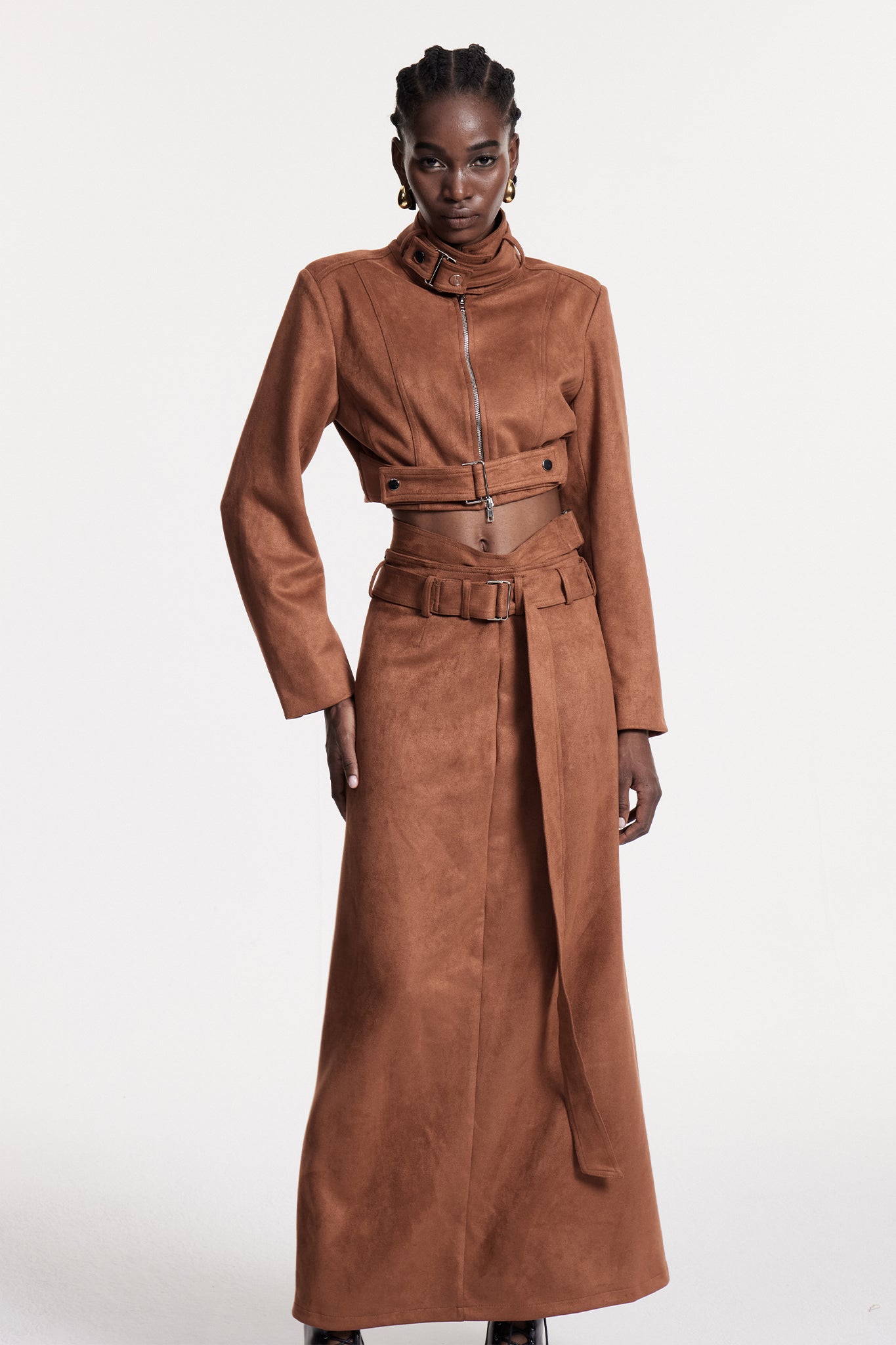 Brown Suede Cutout Skirt Set