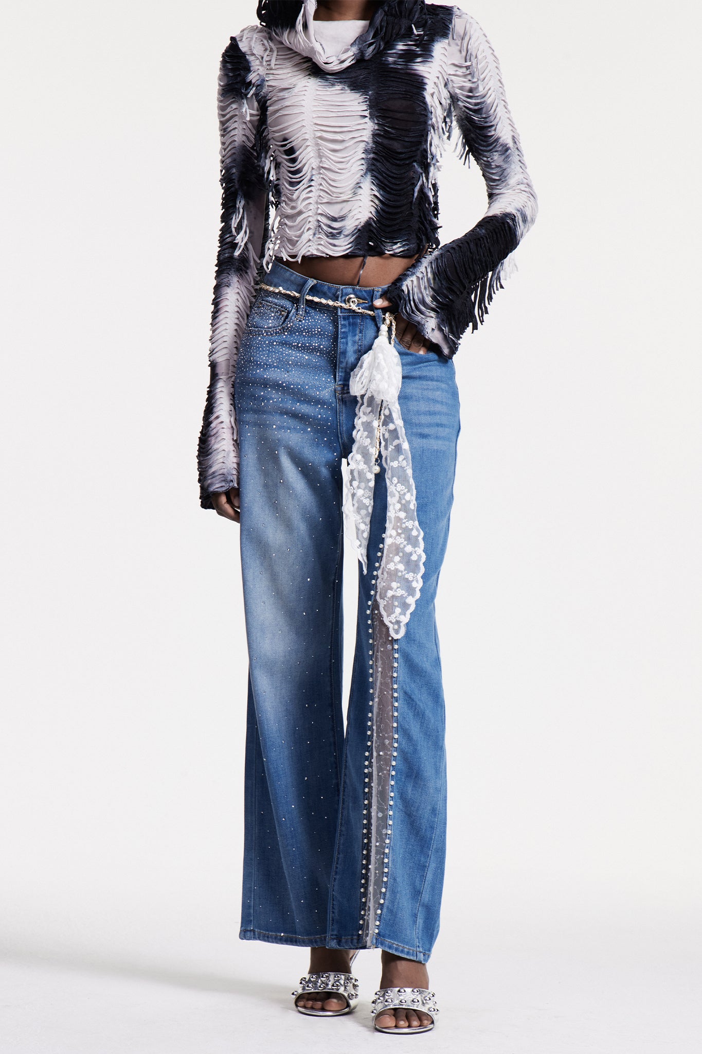 Pearl Rhinestone Embellished Mesh Jeans - Luxury Streetwear Style