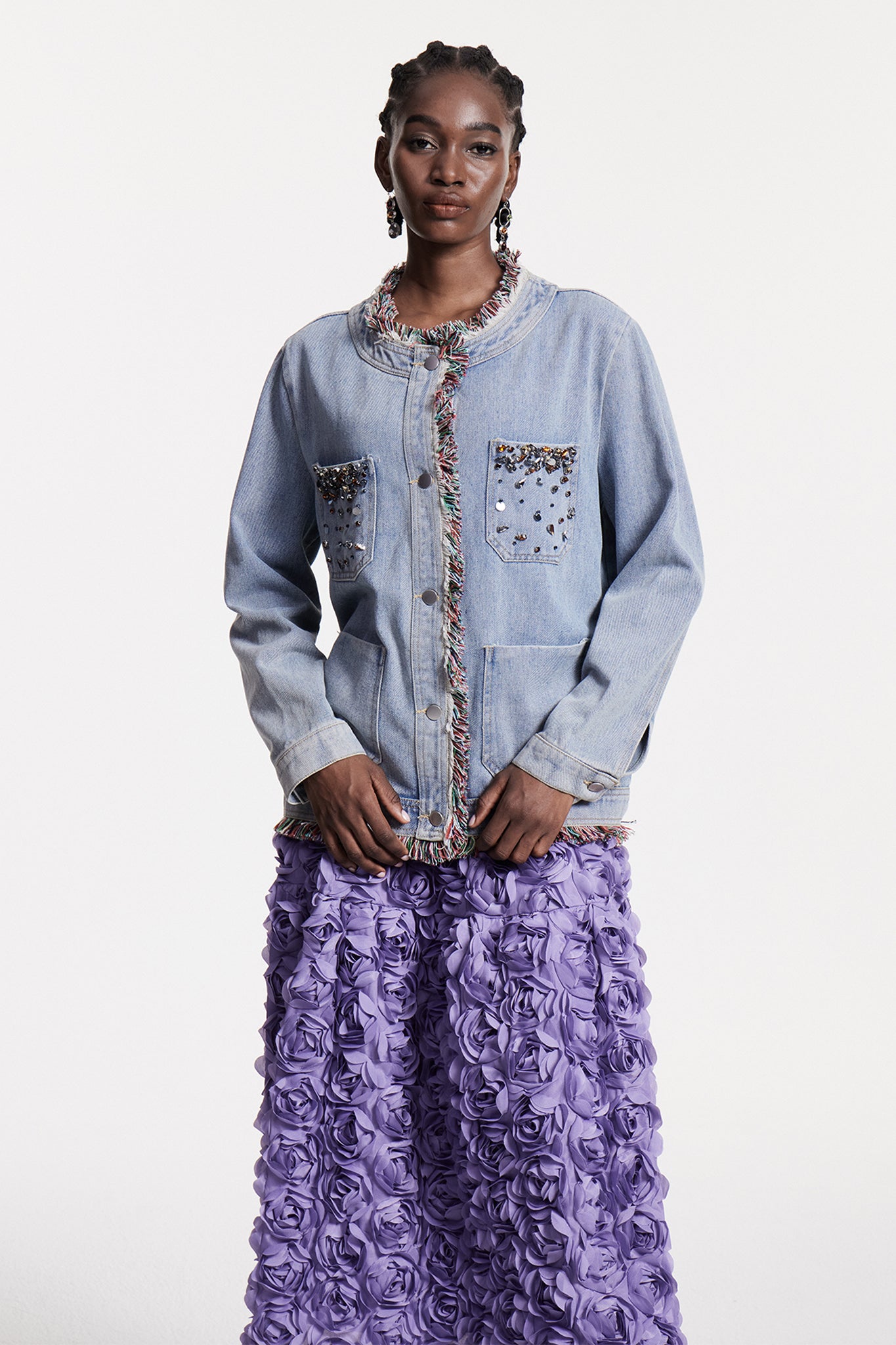 Denim Fringe Adorned Jacket Blue Boho Style