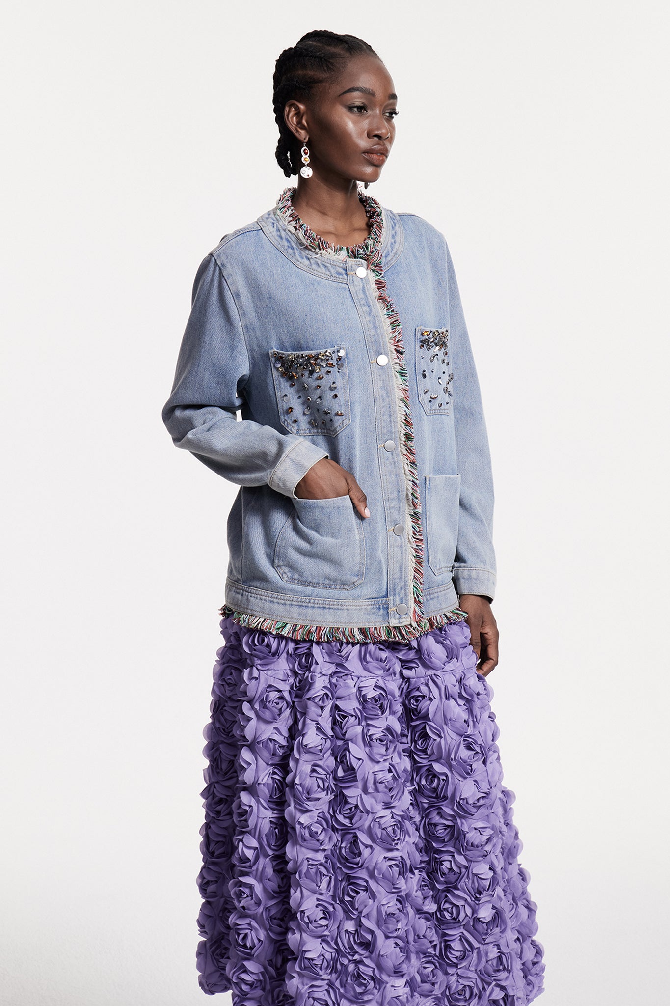 Denim Fringe Adorned Jacket Blue Boho Style