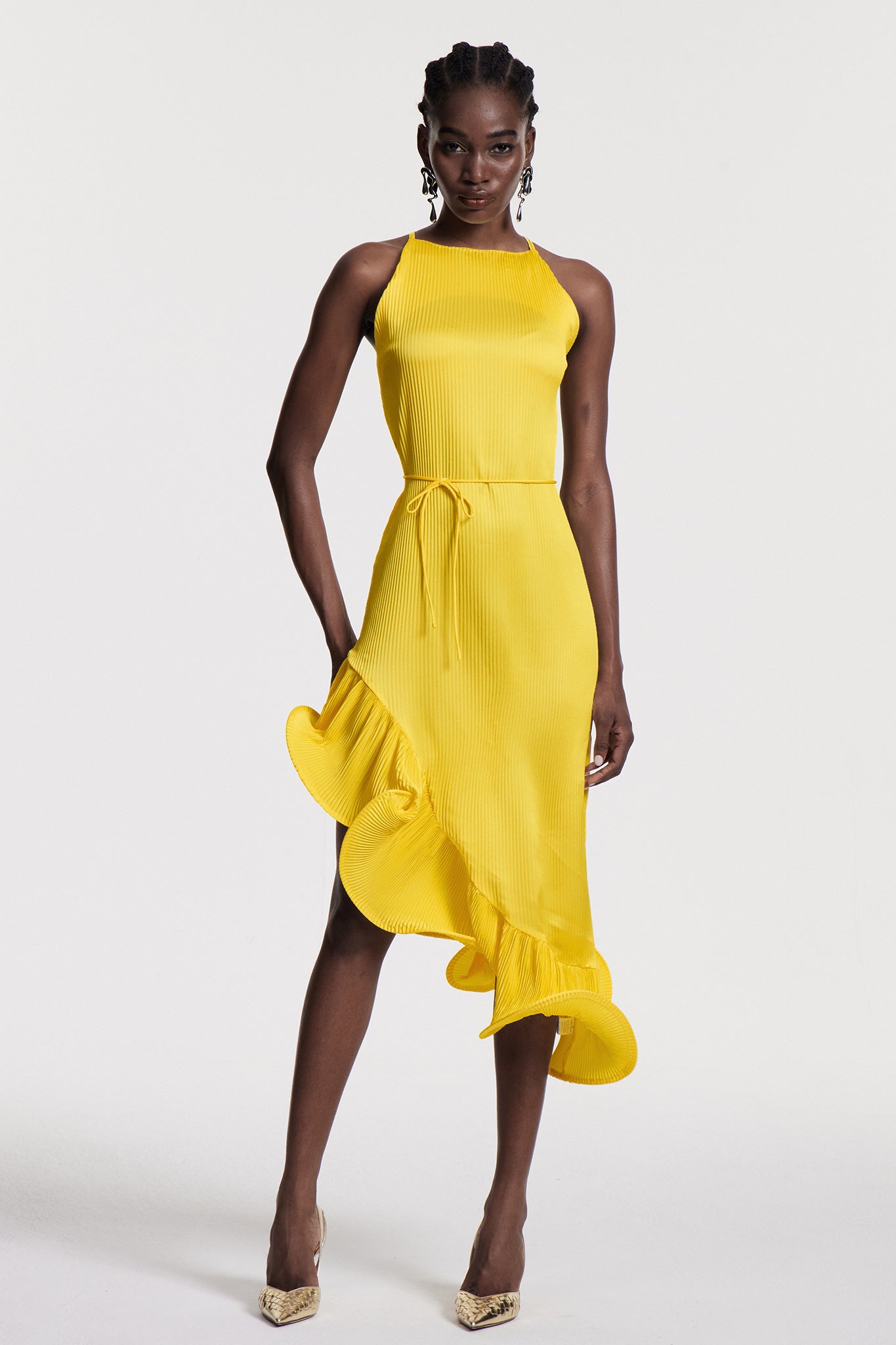 Yellow Ruffle Sleeveless Midi Dress - Elegant & Versatile