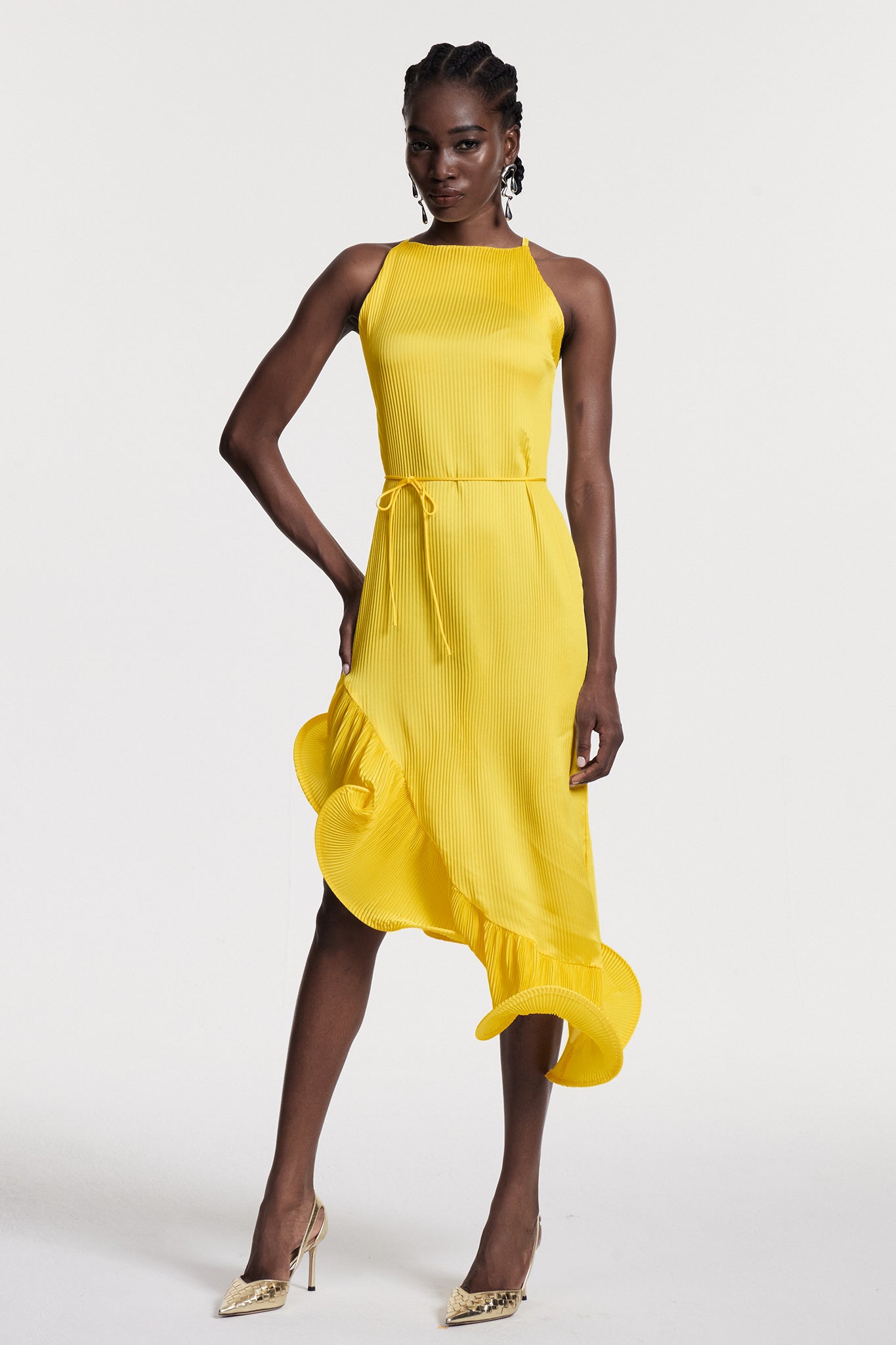Yellow Ruffle Sleeveless Midi Dress - Elegant & Versatile