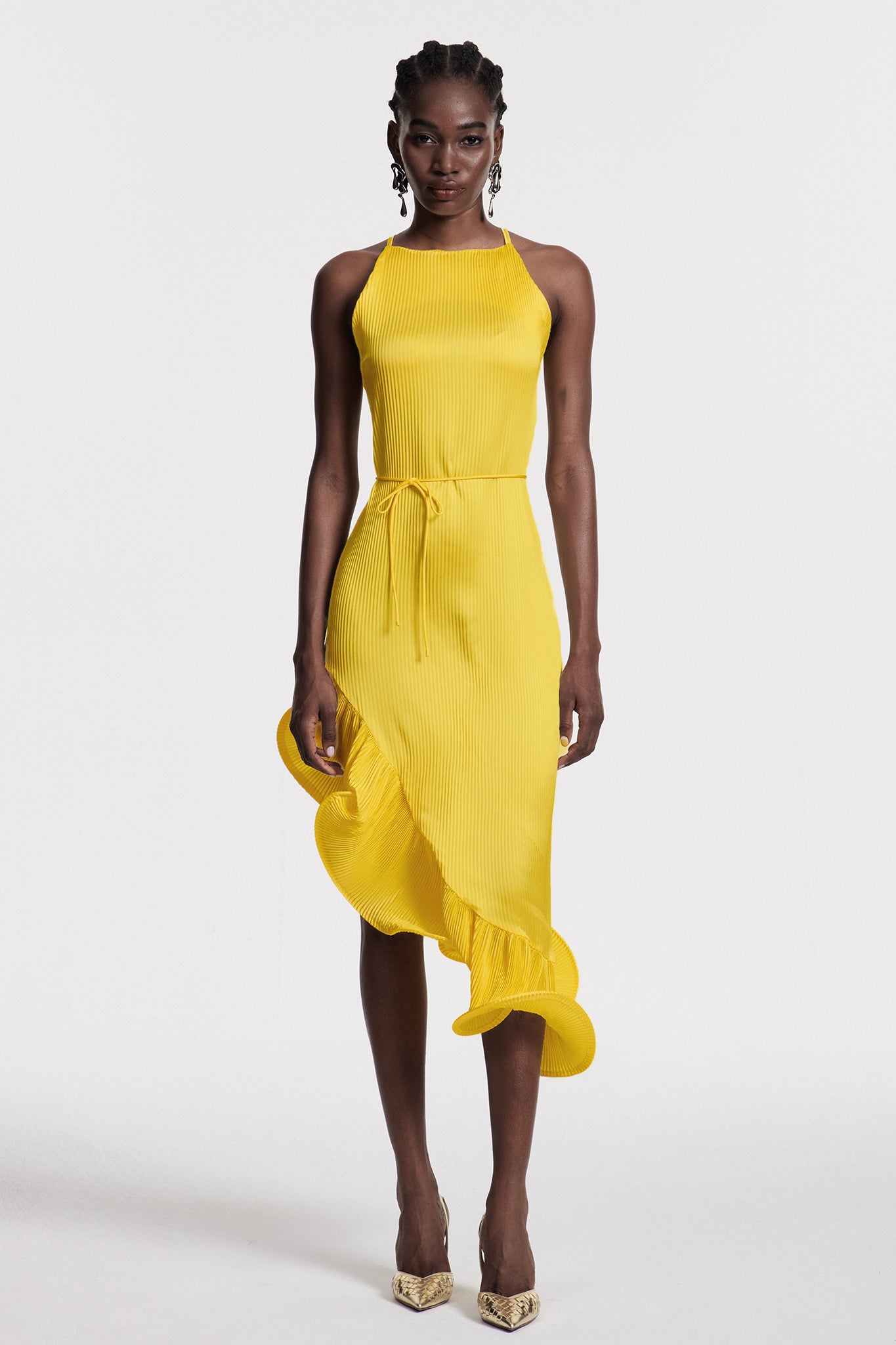 Yellow Ruffle Sleeveless Midi Dress - Elegant & Versatile
