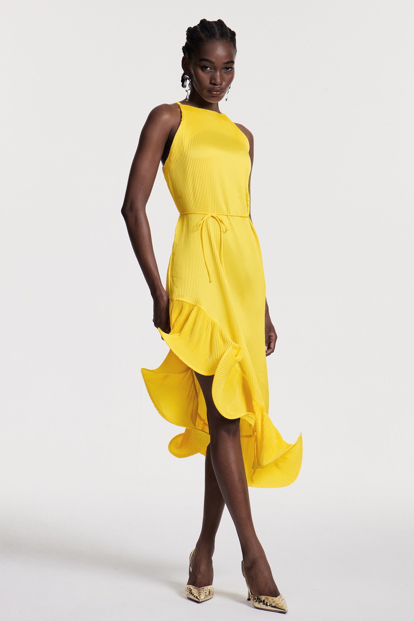 Yellow Ruffle Sleeveless Midi Dress - Elegant & Versatile