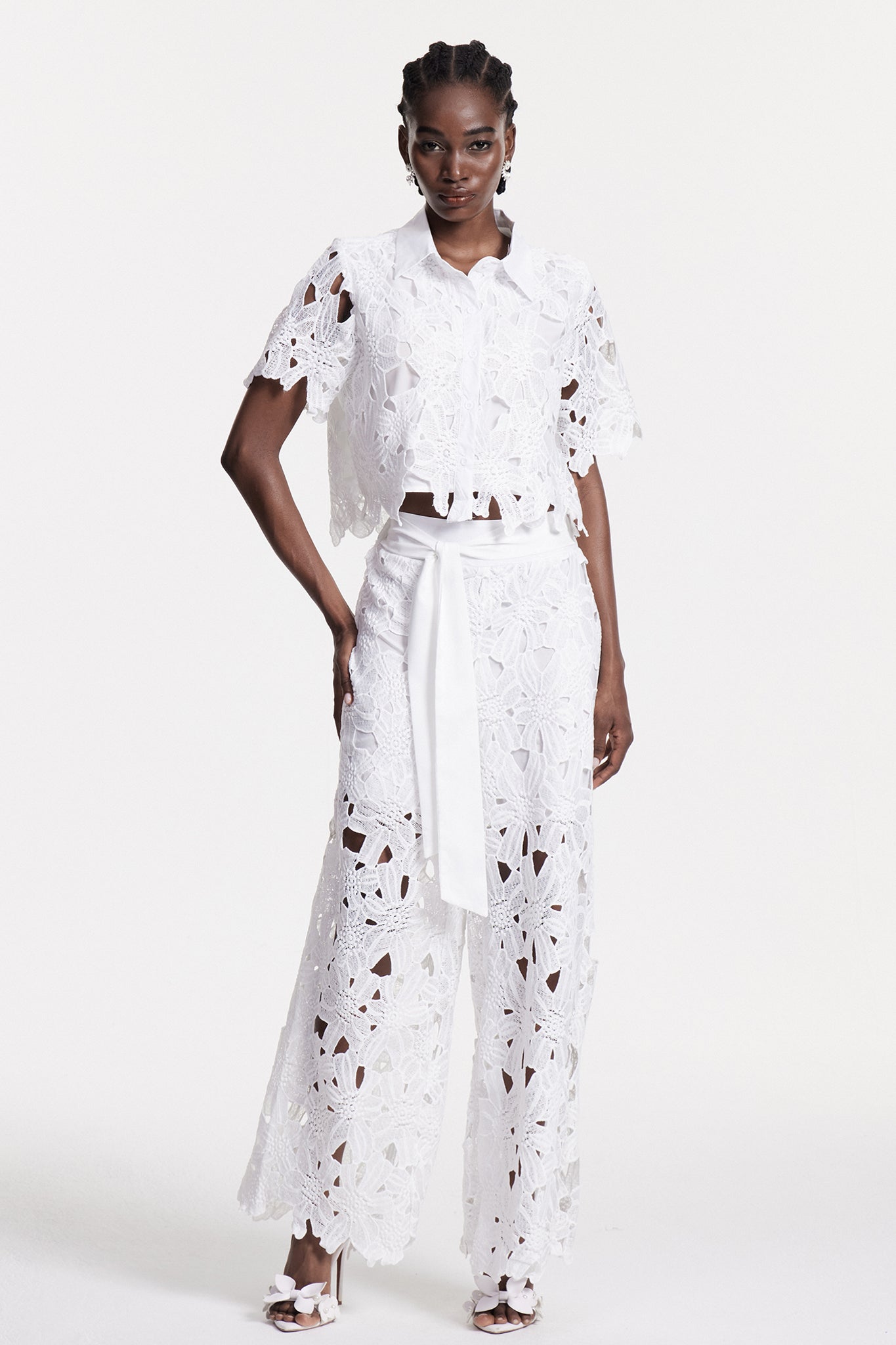 White Floral Cutout Pants Set