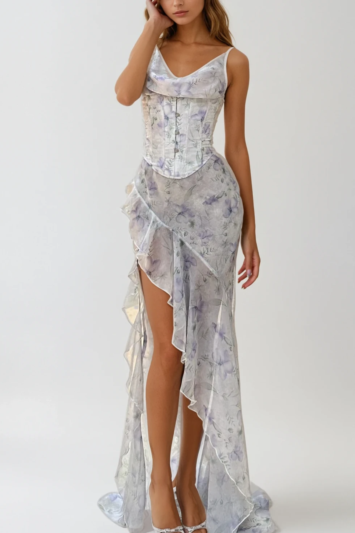 White Asymmetric Ruffle Maxi Dress