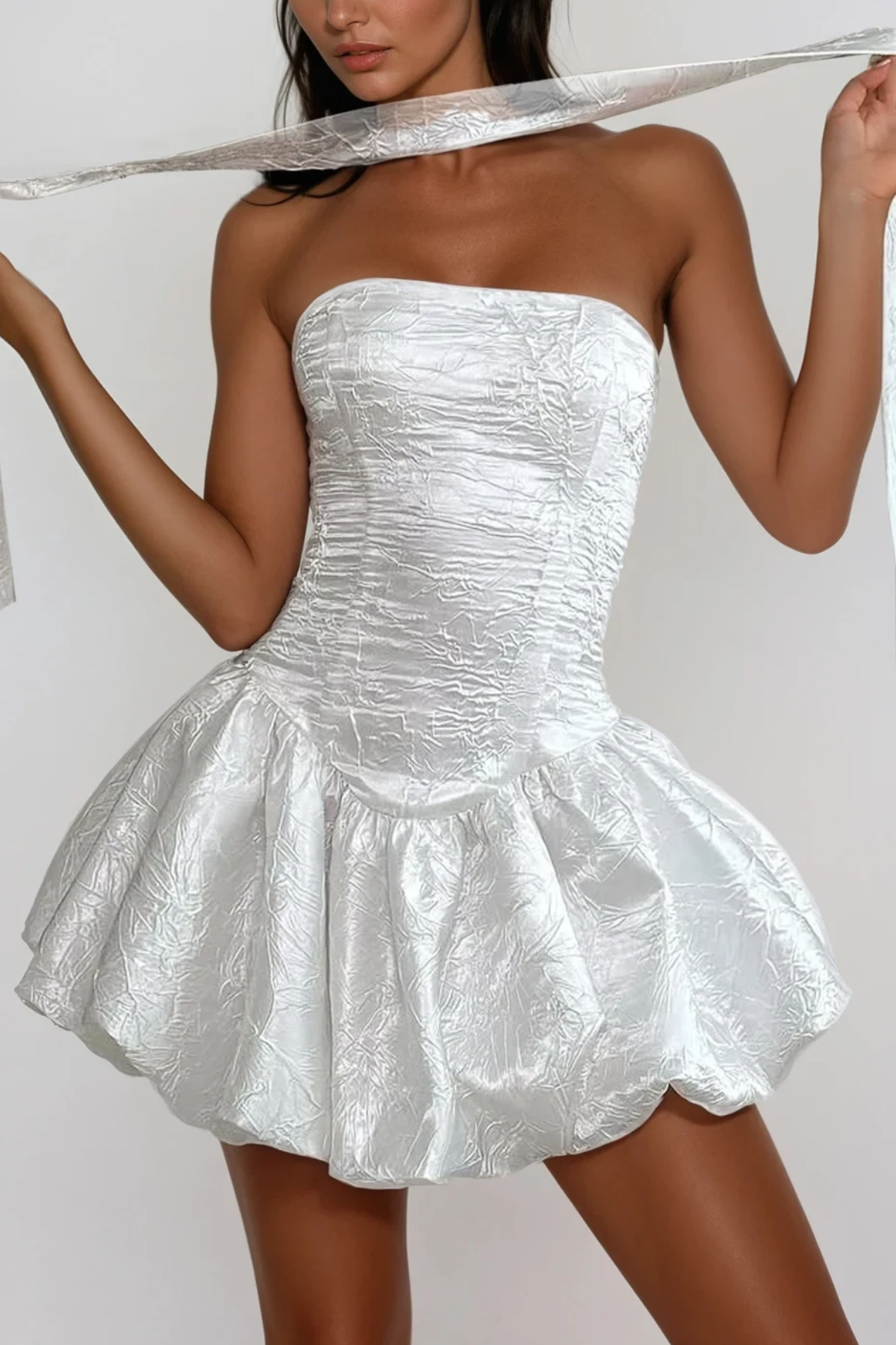 White Ruched Scarf Mini Dress