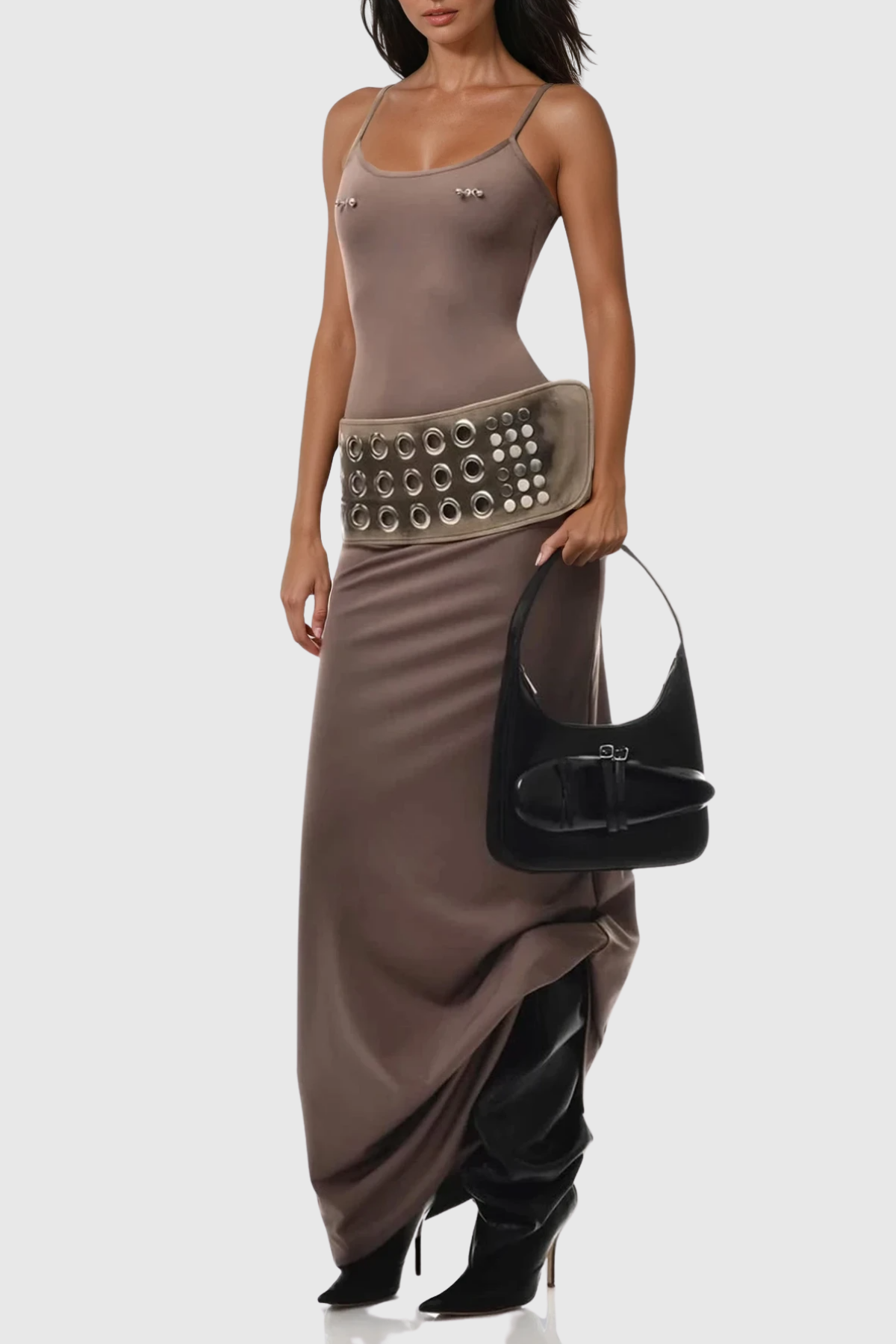 Elegant Spaghetti Strap Embellished Maxi Dress