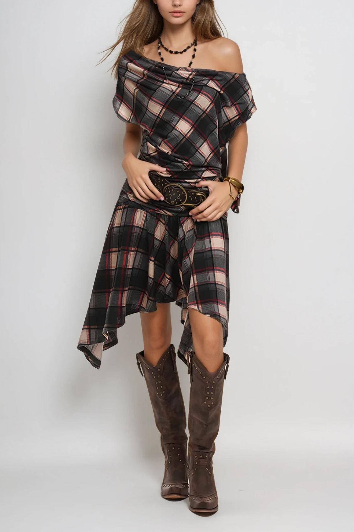 One Shoulder Asymmetric Black Grid Midi Dress