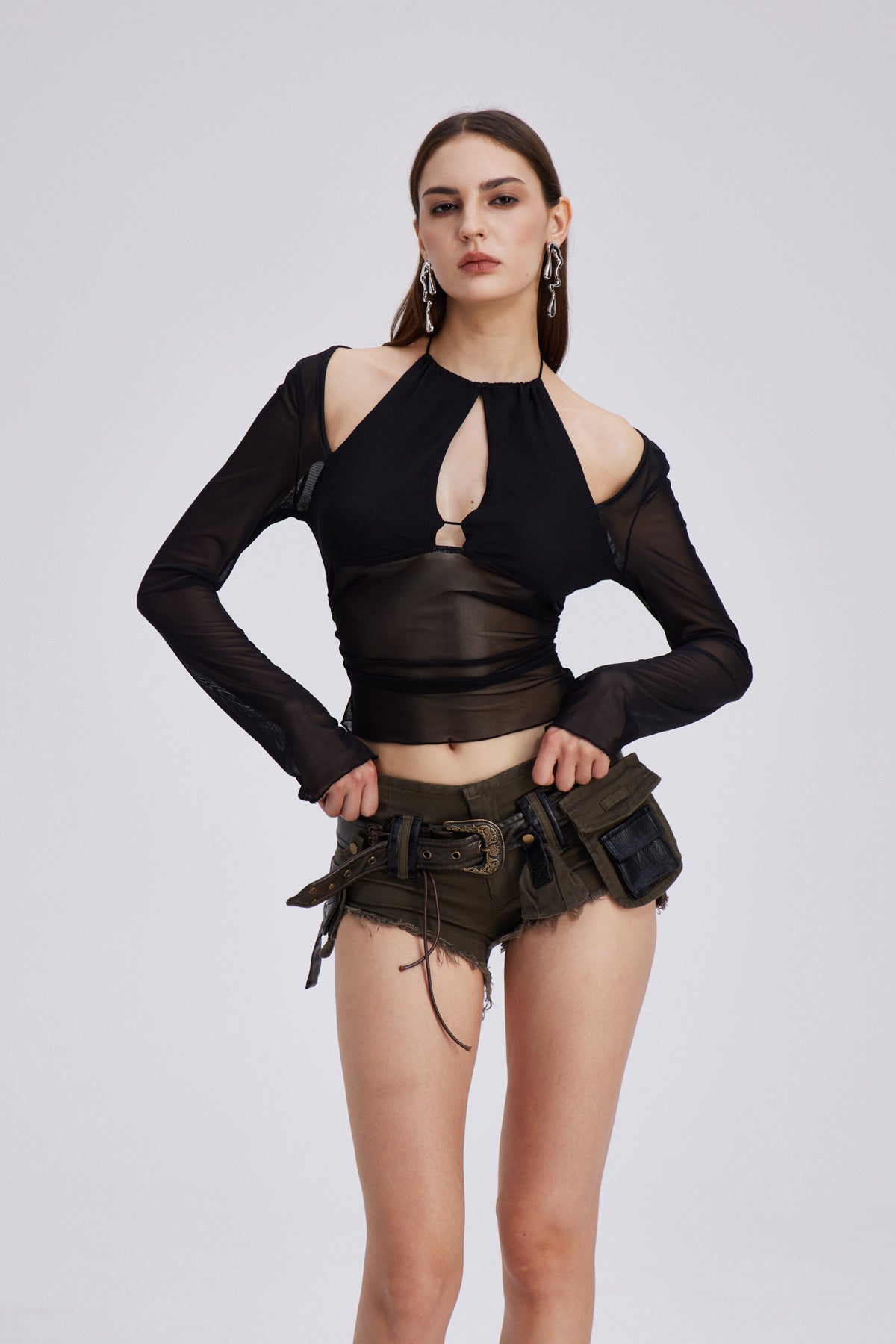 Modern Mesh Cutout Long Sleeve Top in Black