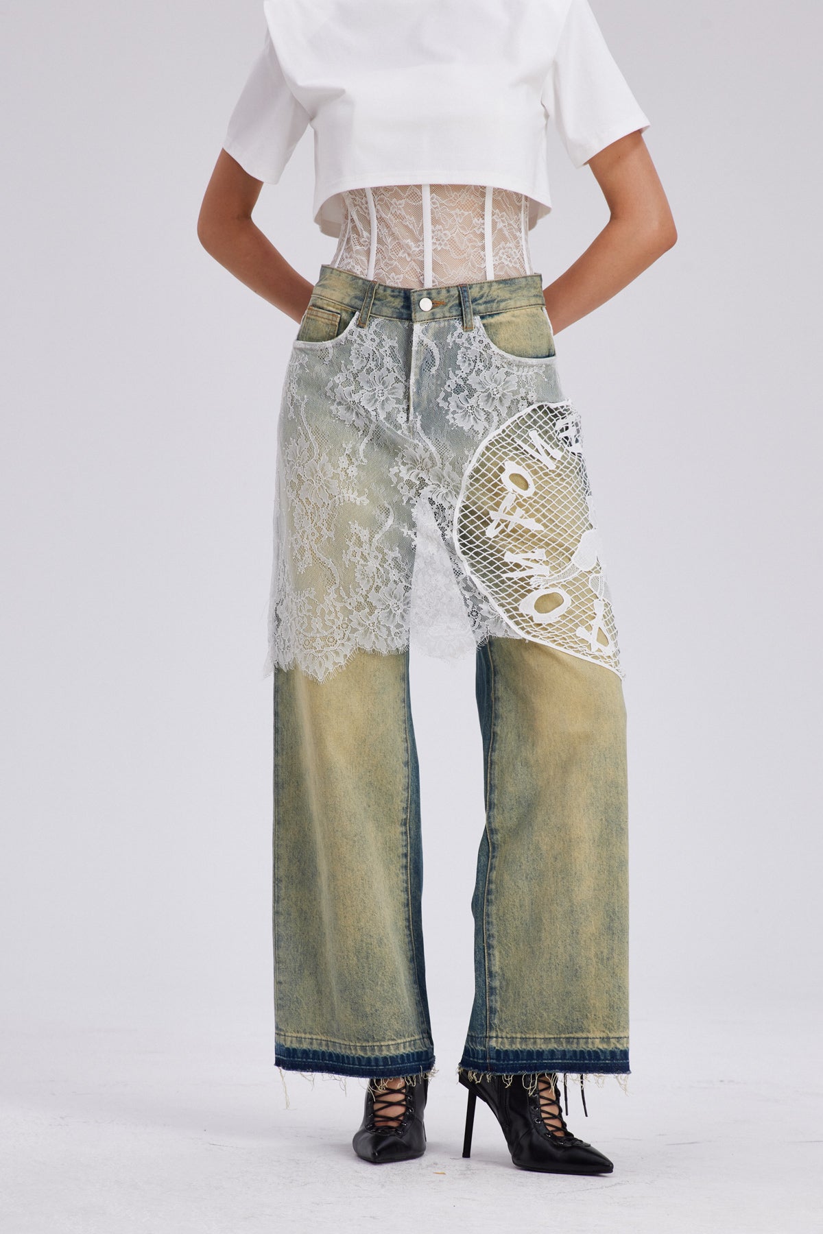 Bleached Lace Detail Jeans in Blue Denim