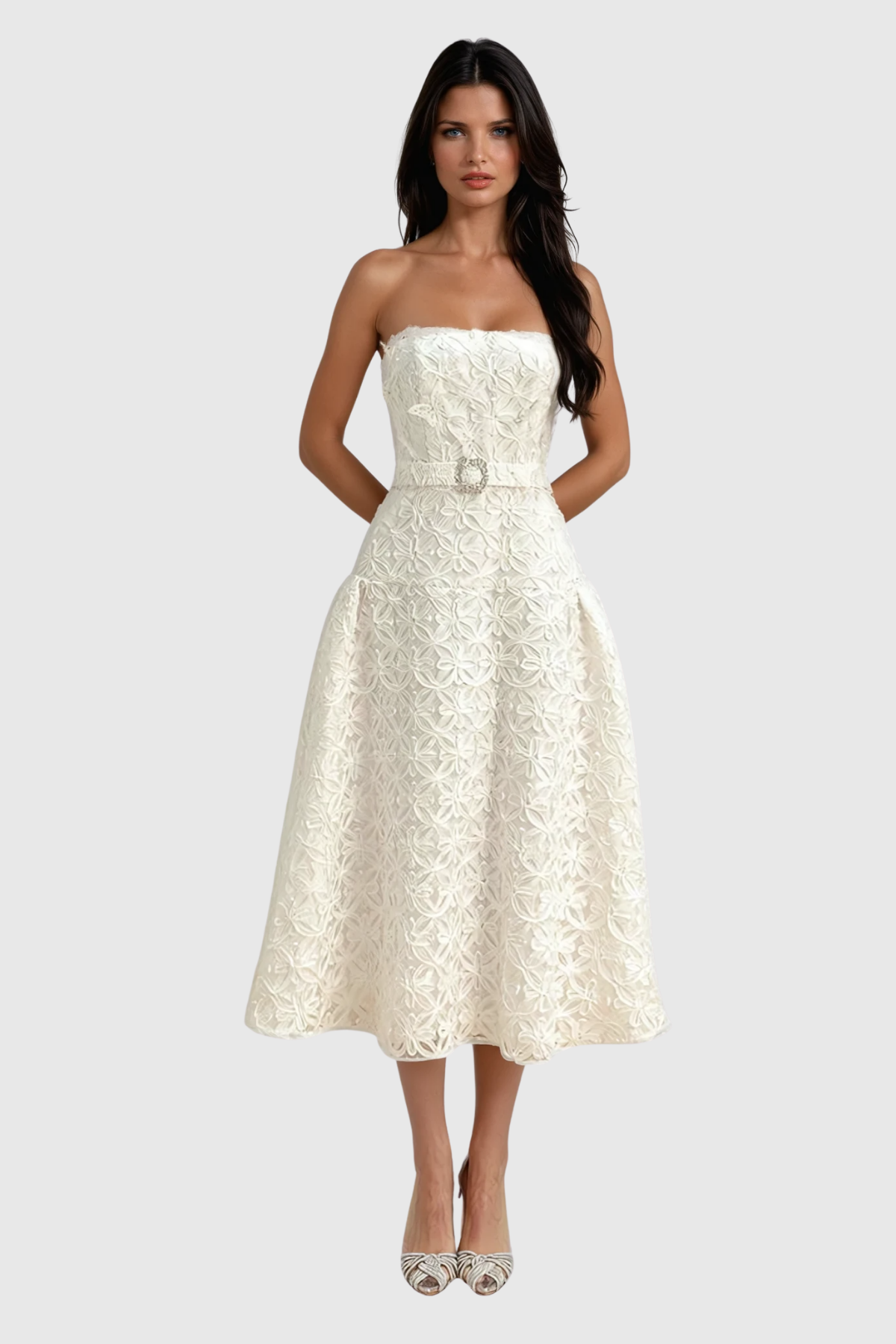 White Floral Lace Strapless Midi Dress - Elegant Formal Attire