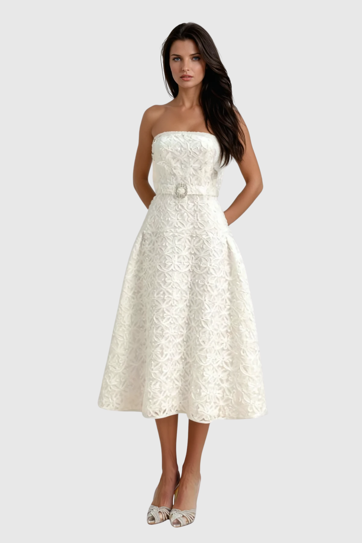 White Floral Lace Strapless Midi Dress - Elegant Formal Attire