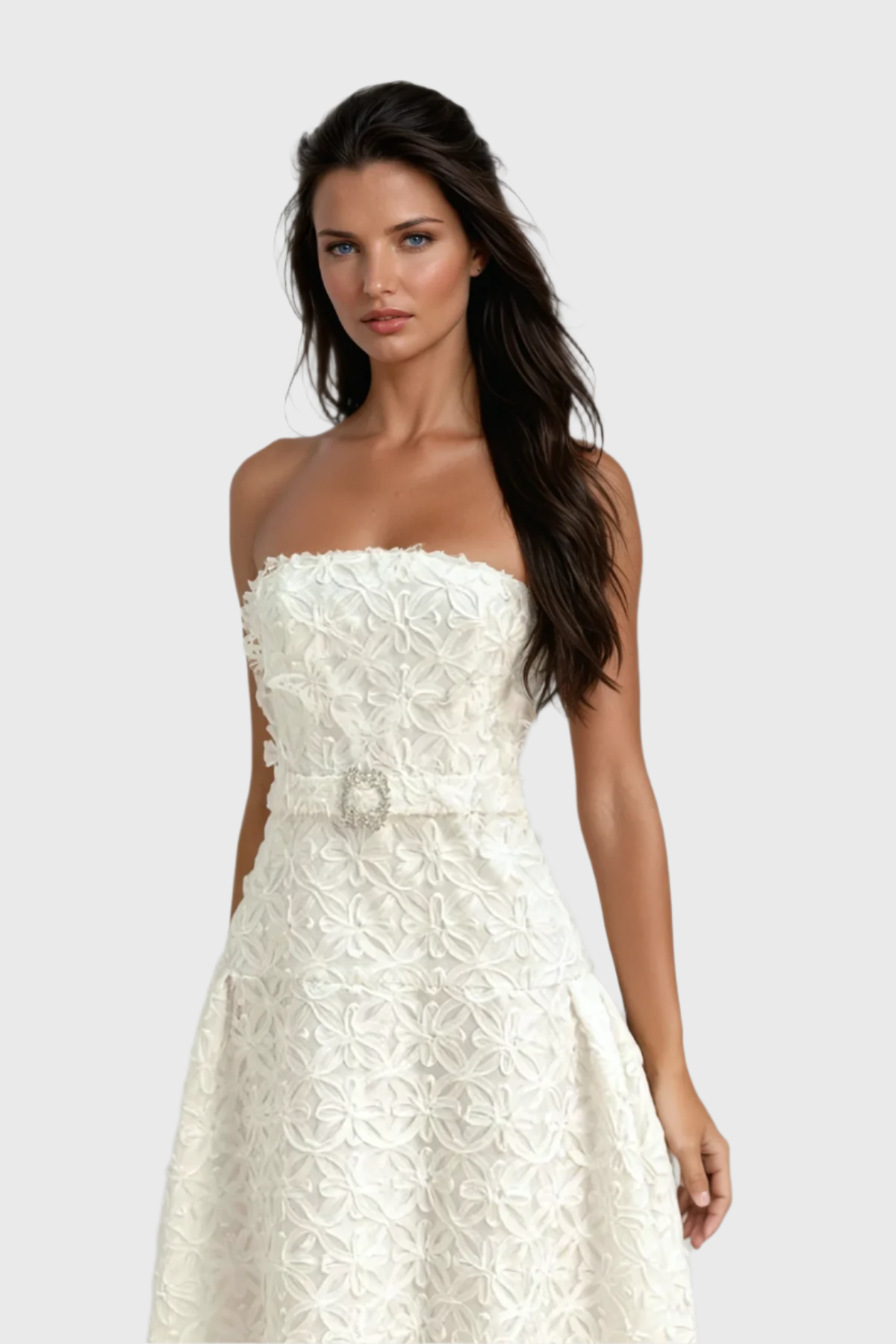 White Floral Lace Strapless Midi Dress - Elegant Formal Attire