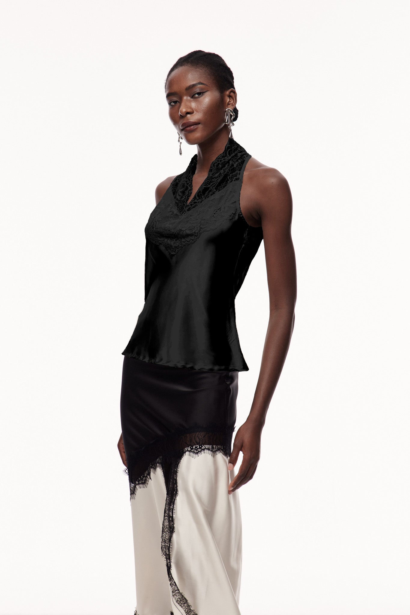 Lace Satin Qipao Top in Black - Elegant Sleeveless Chic Essential