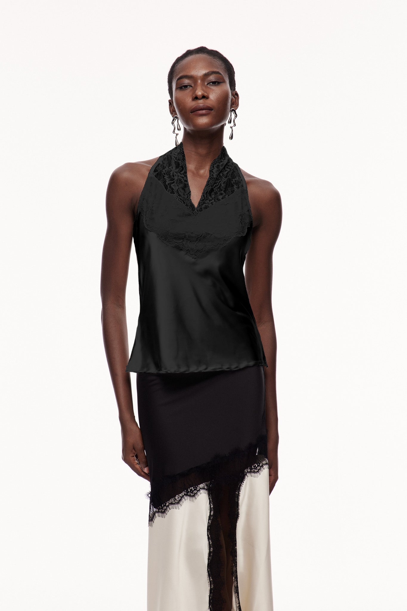 Lace Satin Qipao Top in Black - Elegant Sleeveless Chic Essential