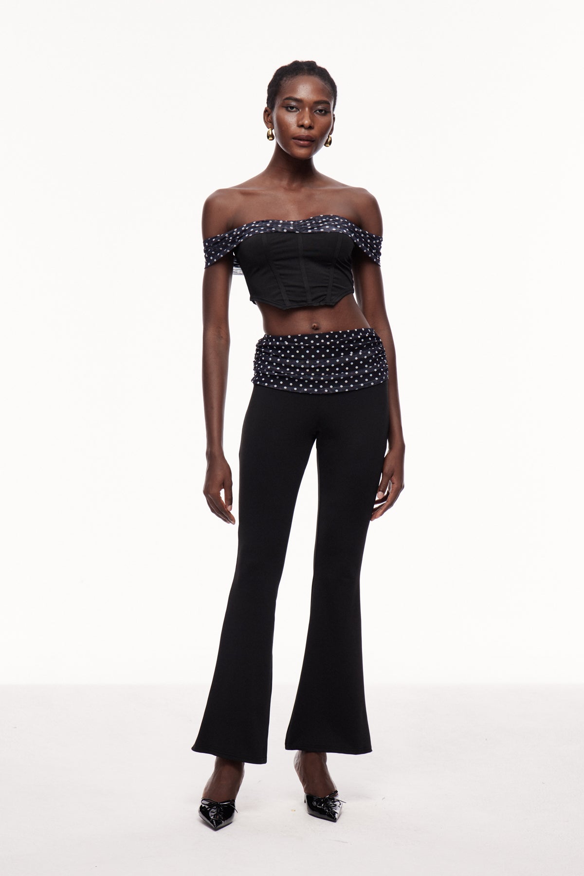 Off Shoulder Black Dot Pants Set