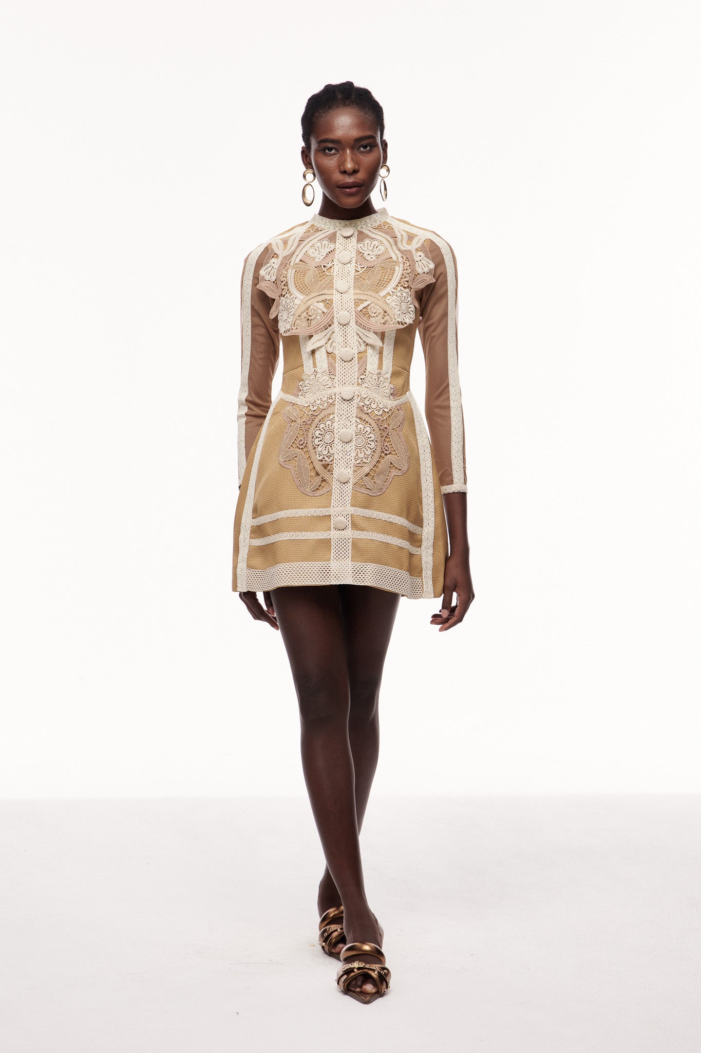 Khaki Lace Mini Dress with Long Sleeves