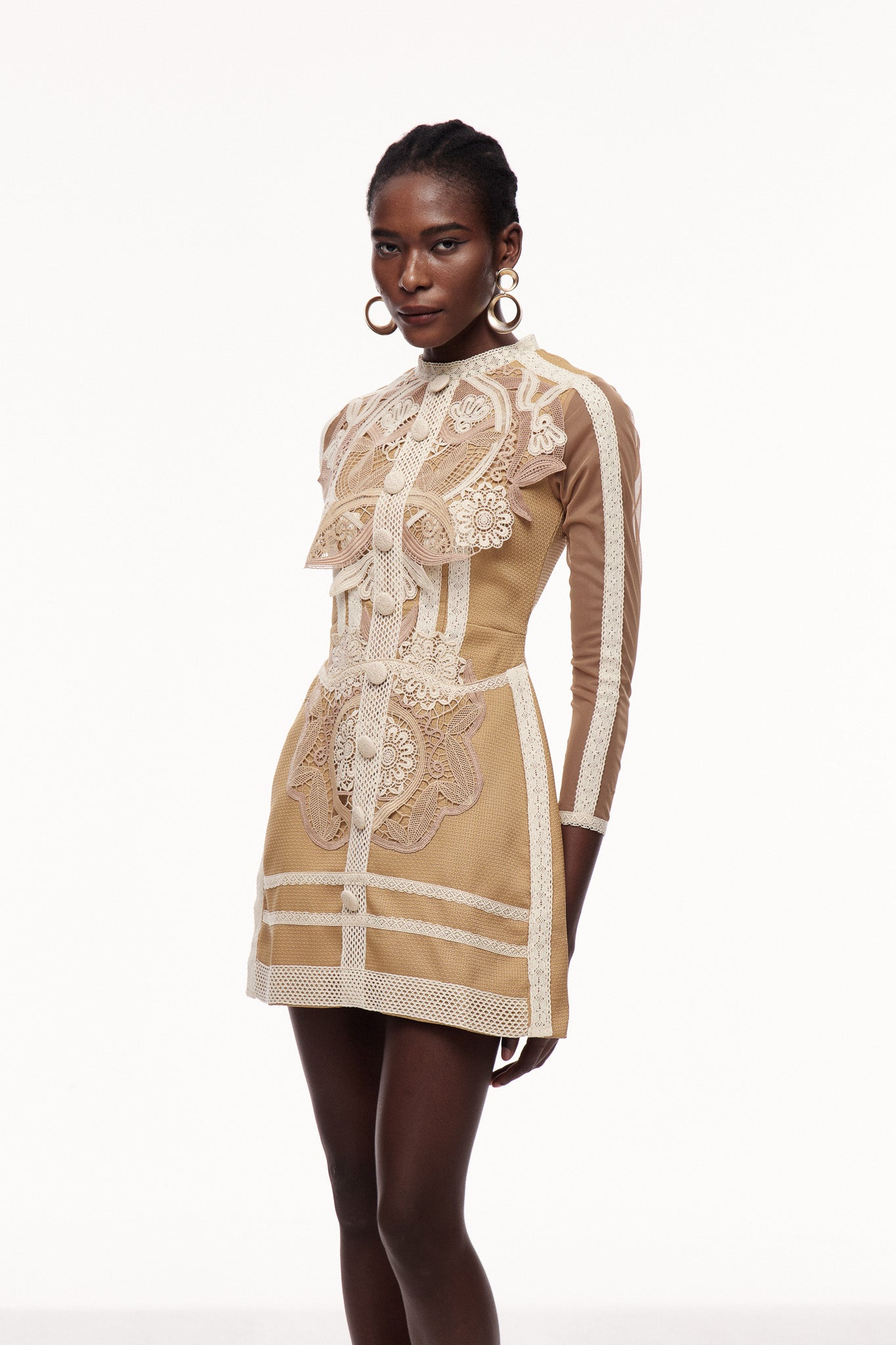 Khaki Lace Mini Dress with Long Sleeves