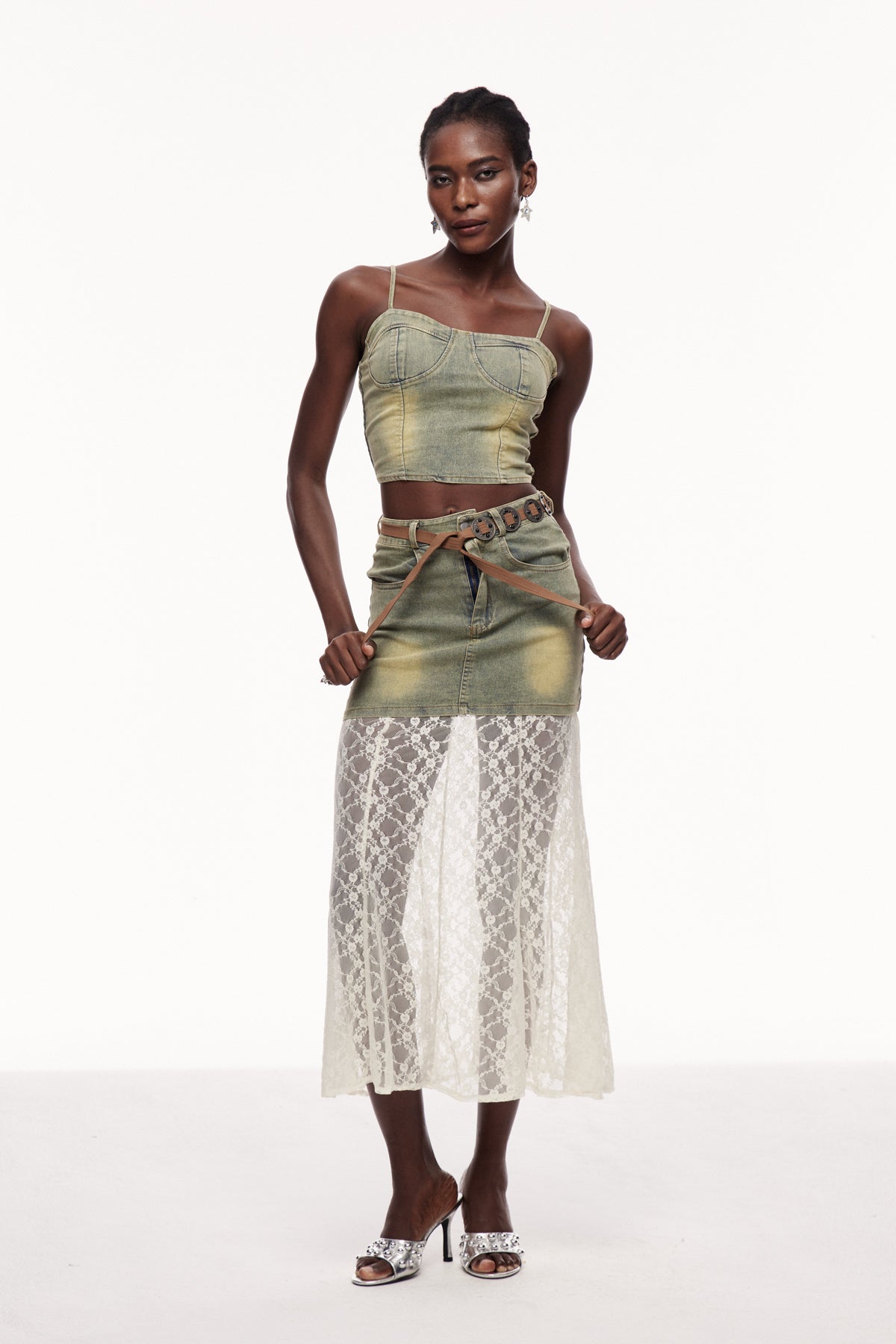 Boho Lace Denim Skirt Set in Green | Spaghetti Straps