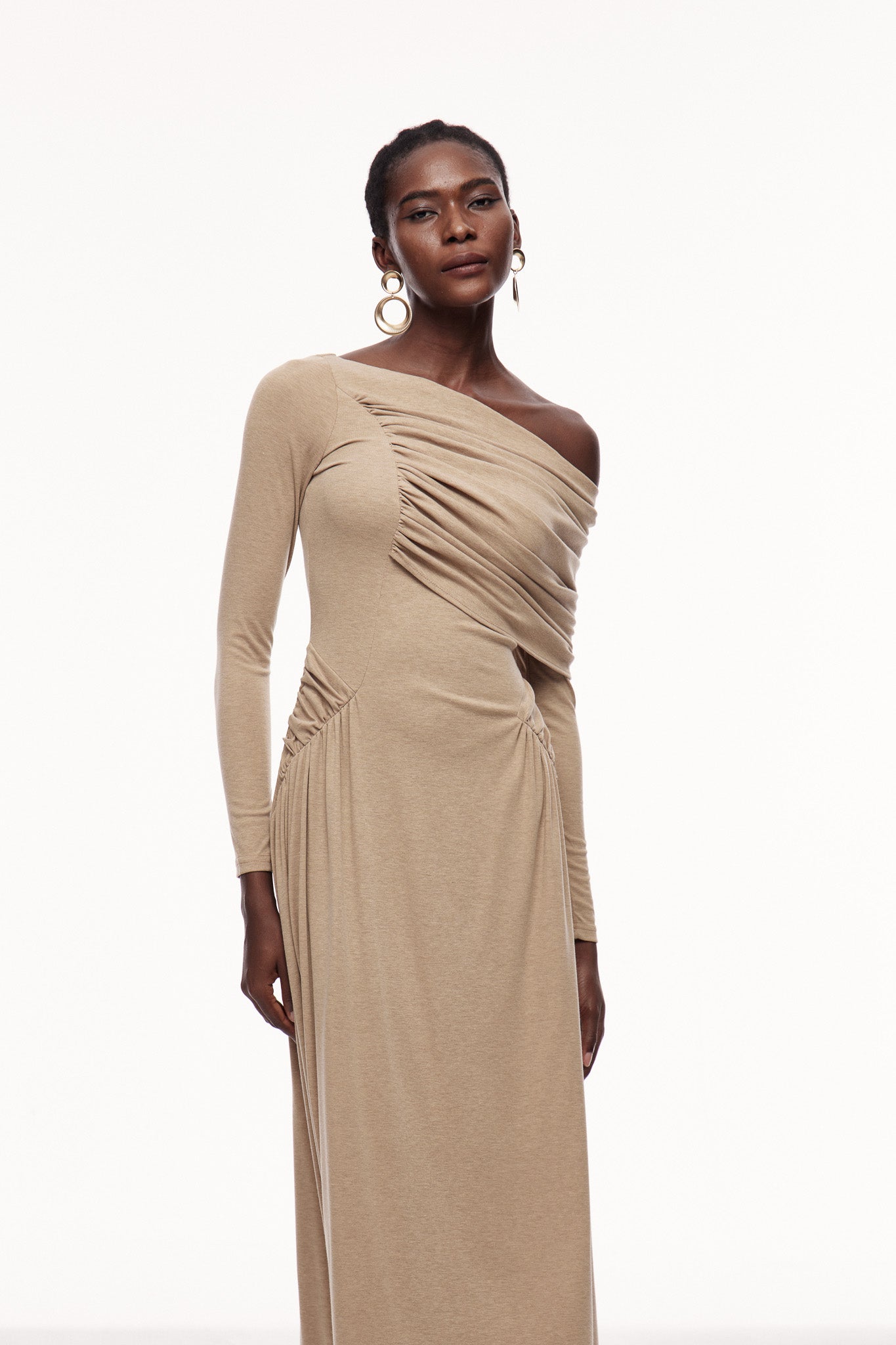 Khaki Ruched Asymmetric Maxi Dress