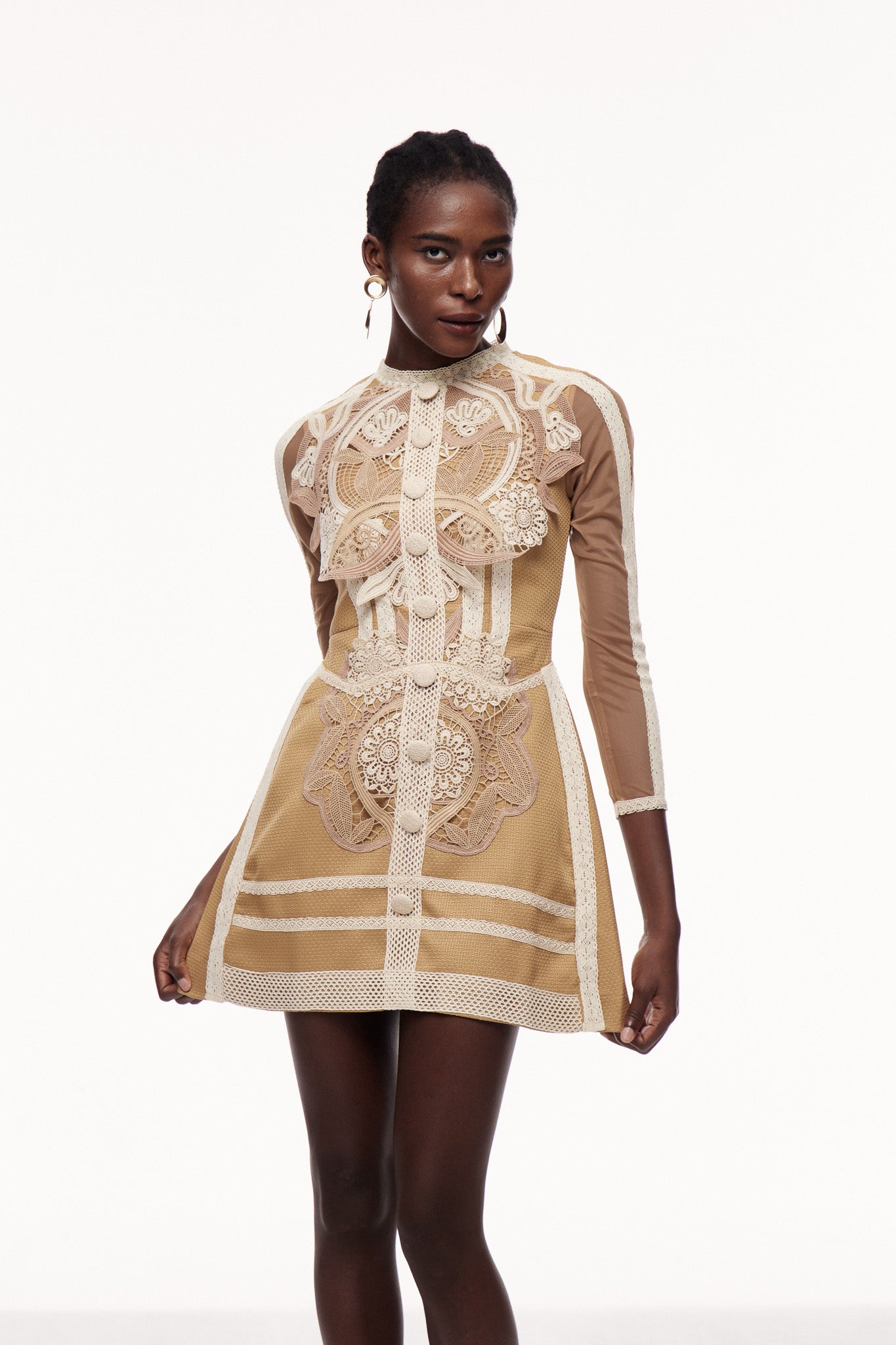 Khaki Lace Mini Dress with Long Sleeves