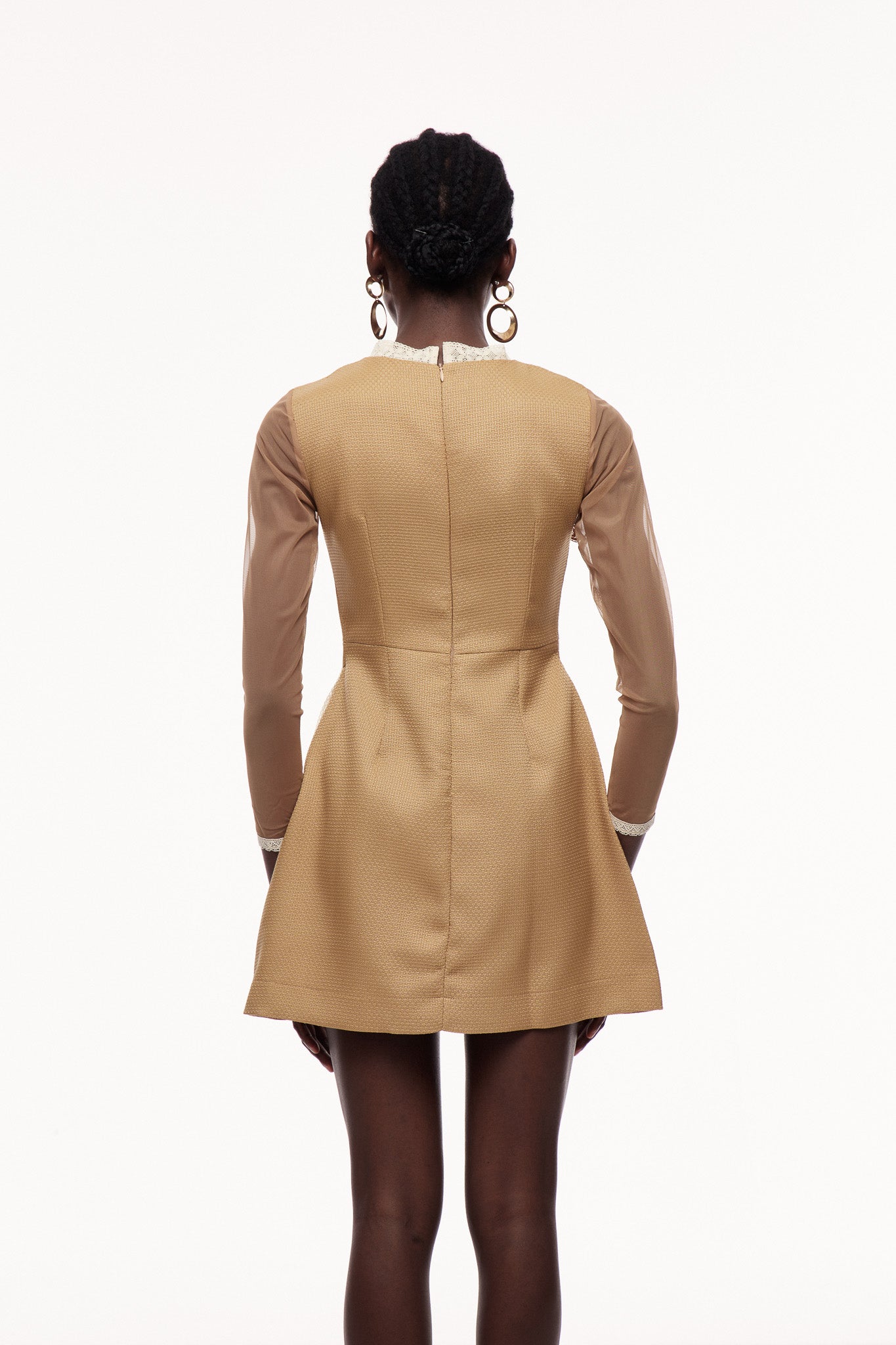 Khaki Lace Mini Dress with Long Sleeves