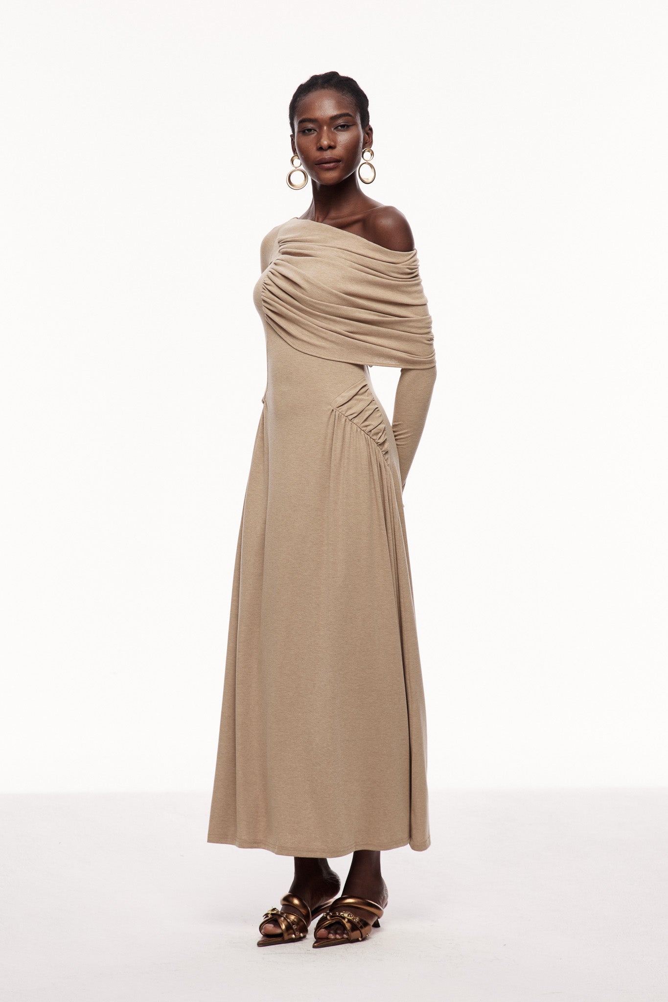 Khaki Ruched Asymmetric Maxi Dress