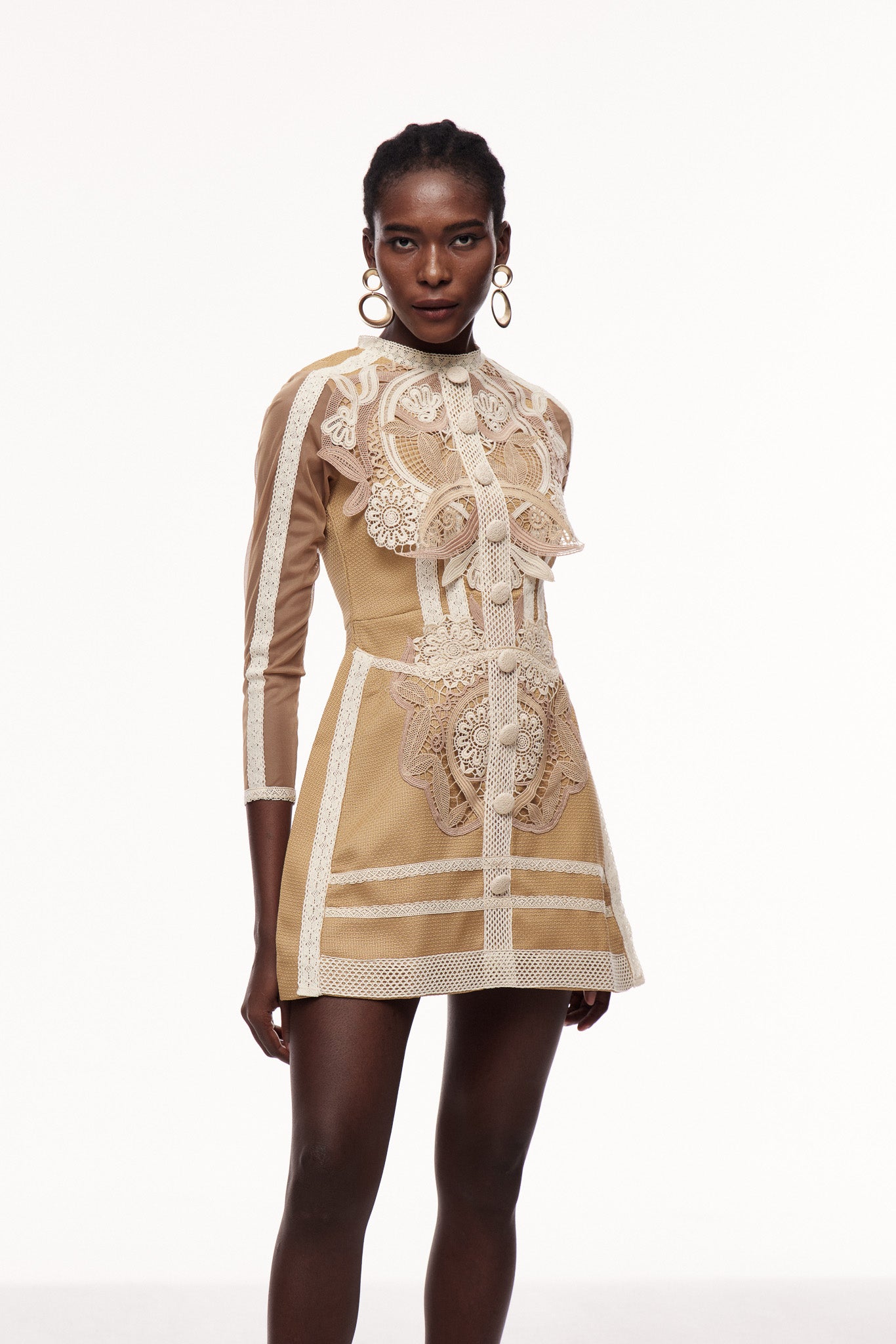 Khaki Lace Mini Dress with Long Sleeves