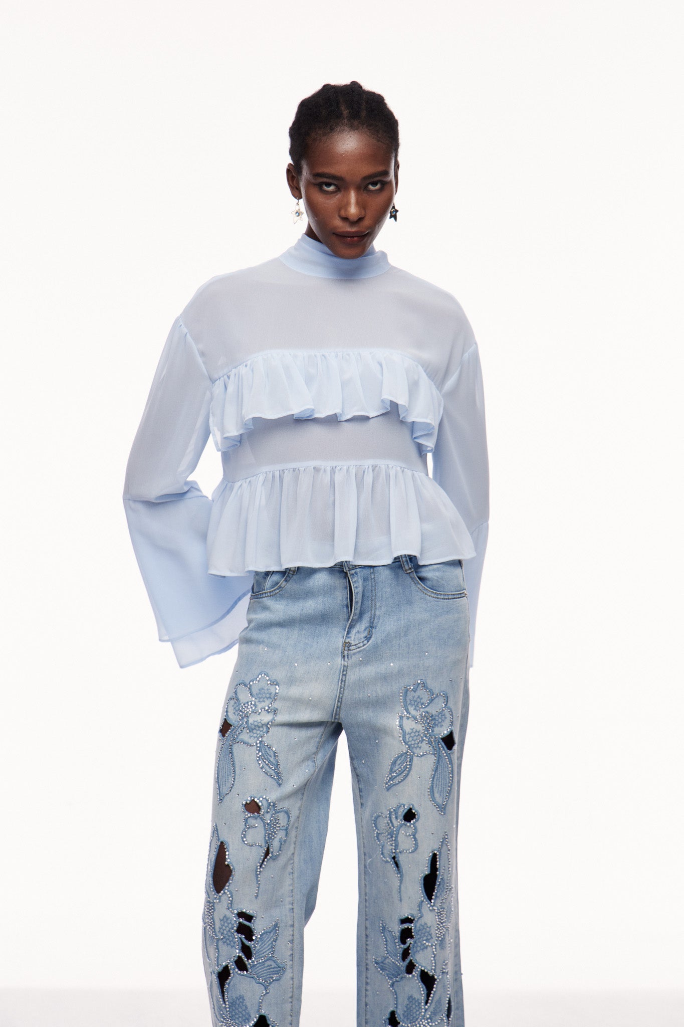 Sophisticated Blue Ruffle Top with Long Sleeves