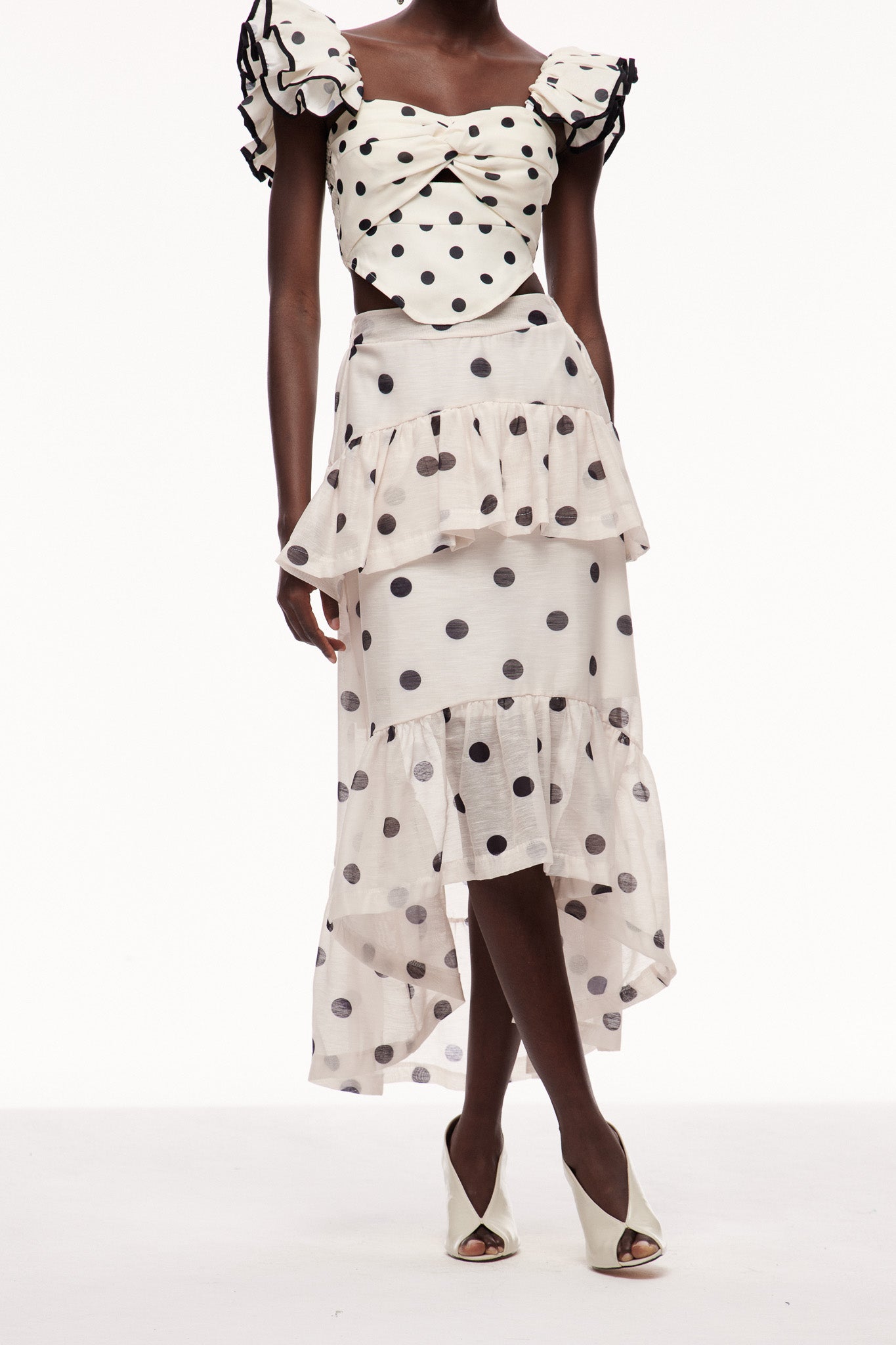 White Dot Ruffle Maxi Skirt