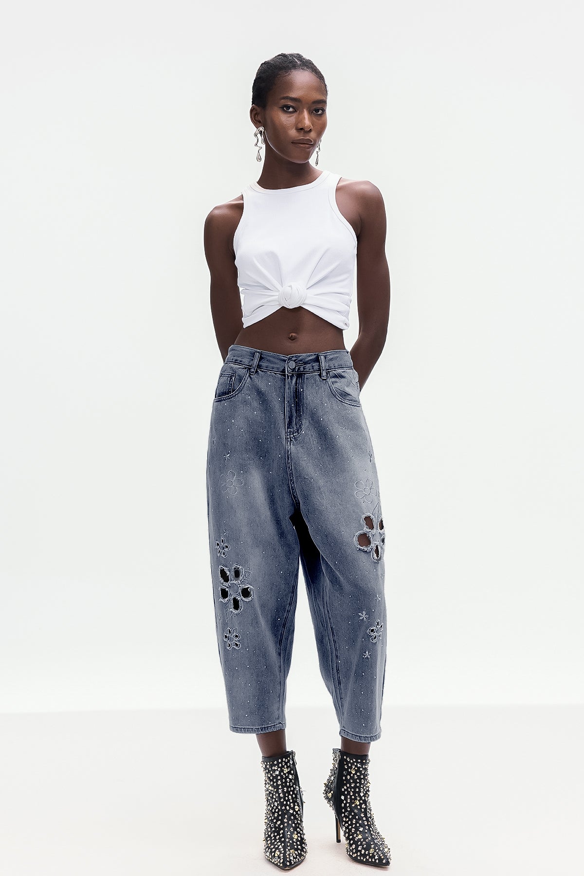 Deep Blue Floral Cutout Denim Jeans