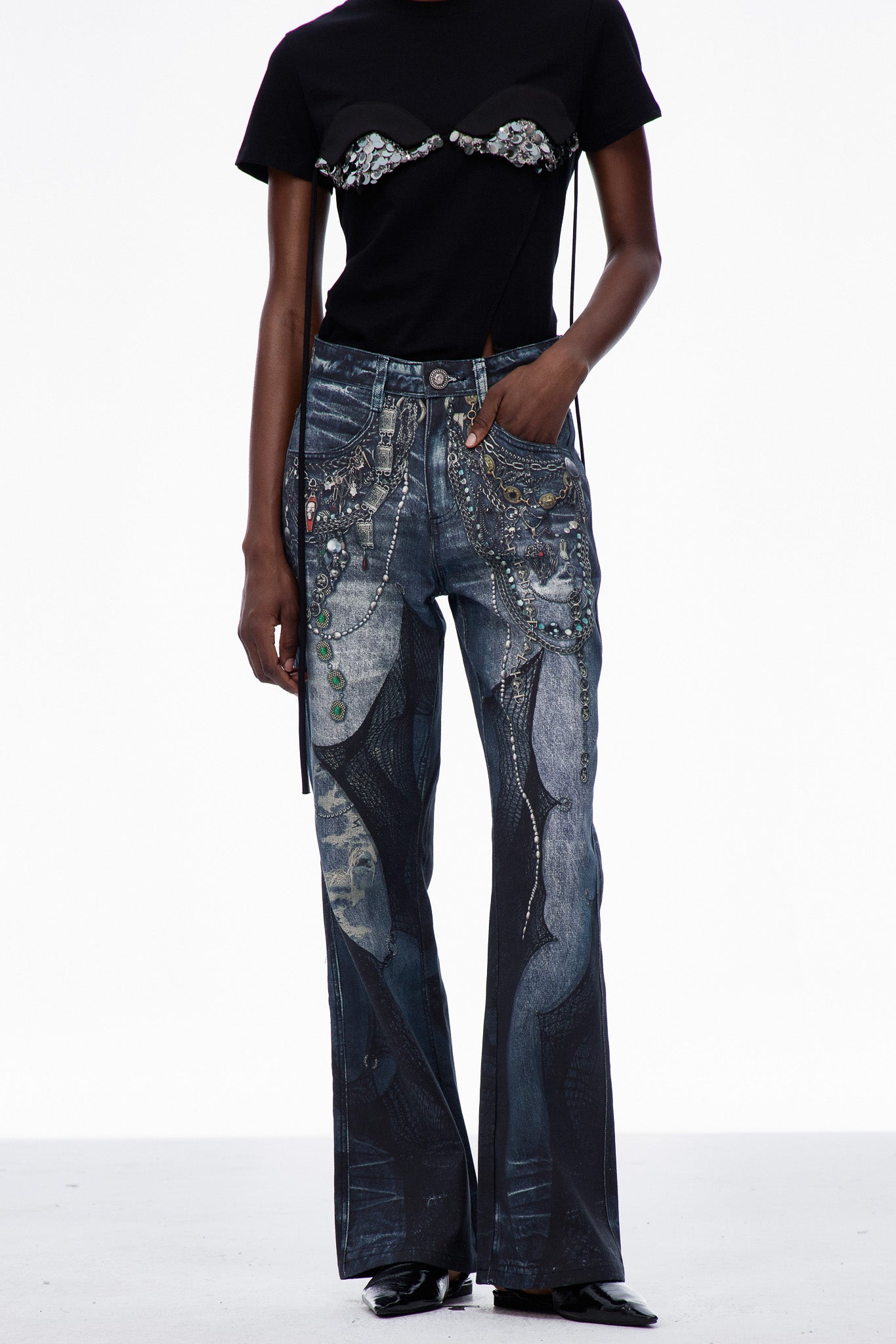 Lace Chain Print Denim Jeans - Urban Edge Style