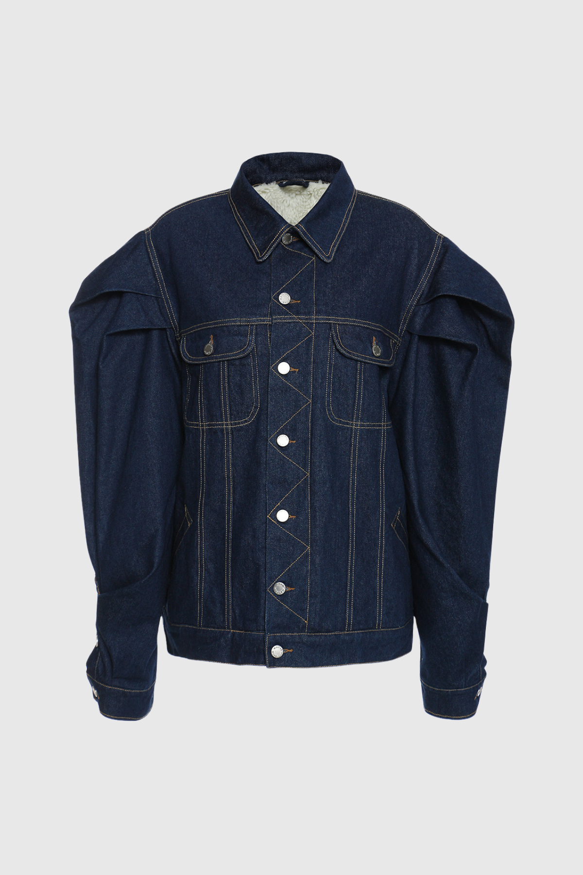 Ruched Blue Denim Jacket with Balloon Sleeves