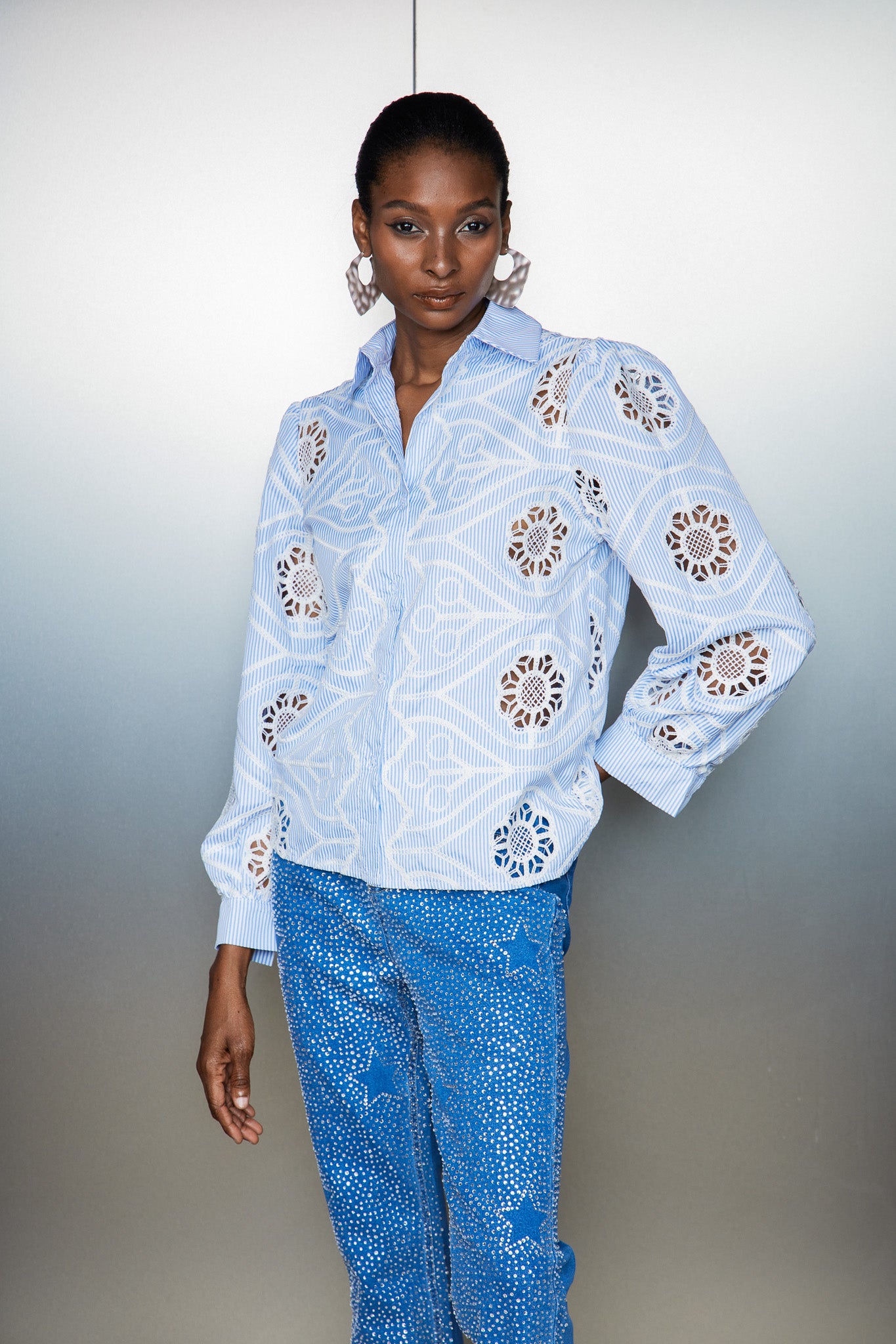 Blue Stripe Embroidered Cutout Shirt