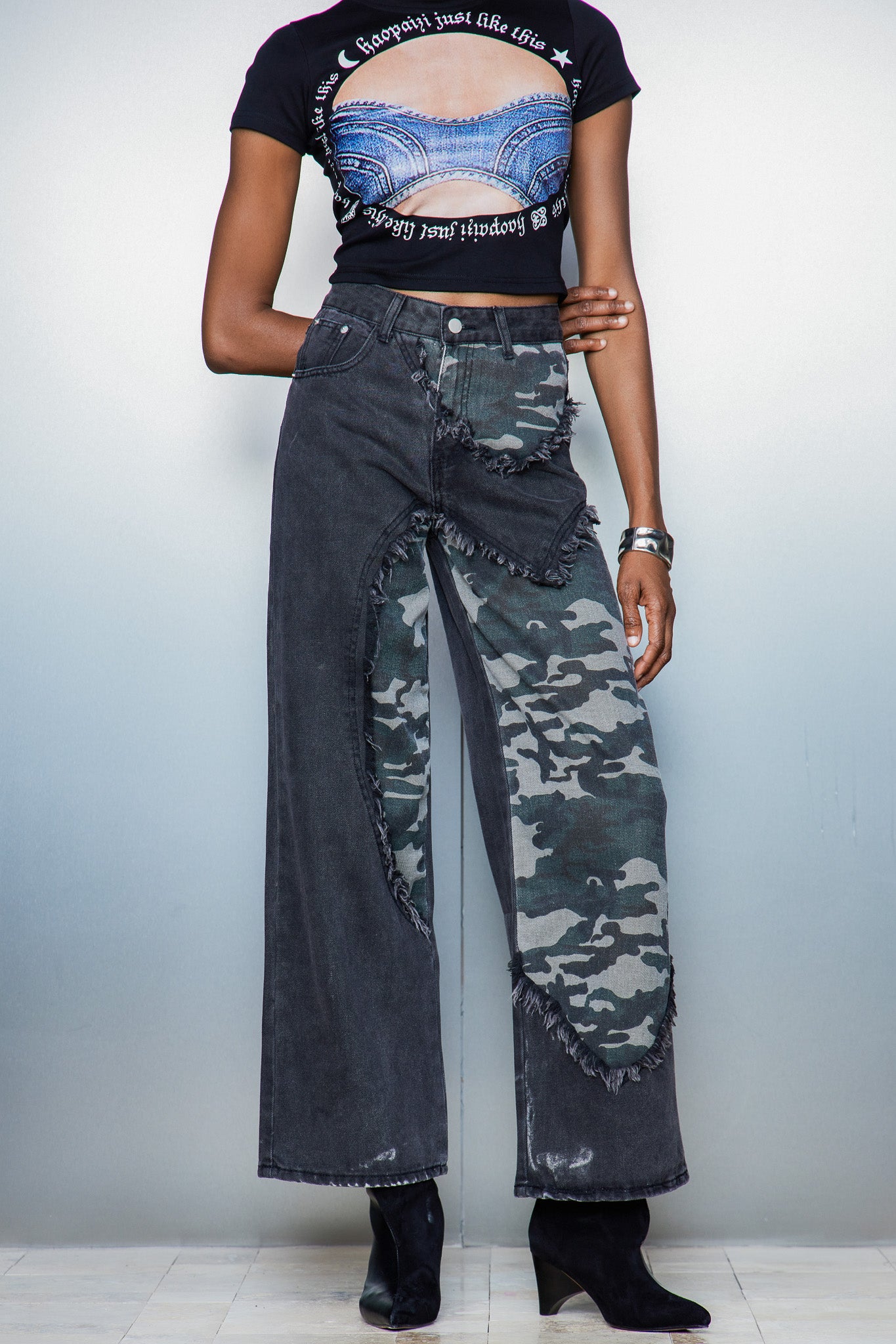 Urban Edge Camouflage Print Asymmetric Jeans in Grey