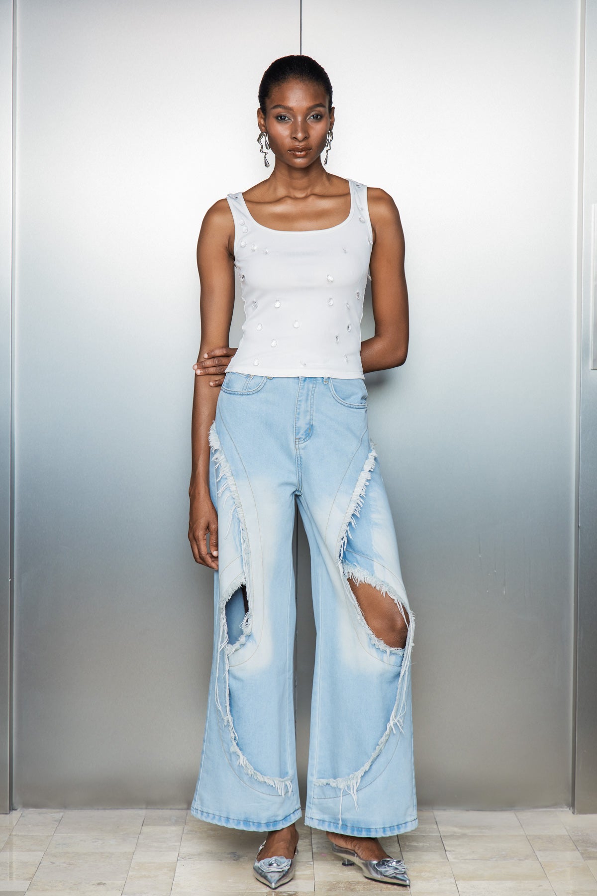 Blue Fringe Cutout Deconstruct Jeans - Urban Edge Style